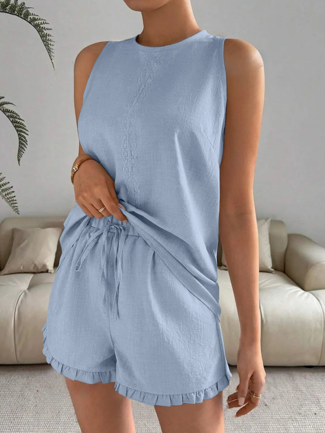 Lace Detail Round Neck Tank and Shorts Set Light Blue 36d1a329-5d1a-424e-a954-4778d9ff7c22-Max-Origin