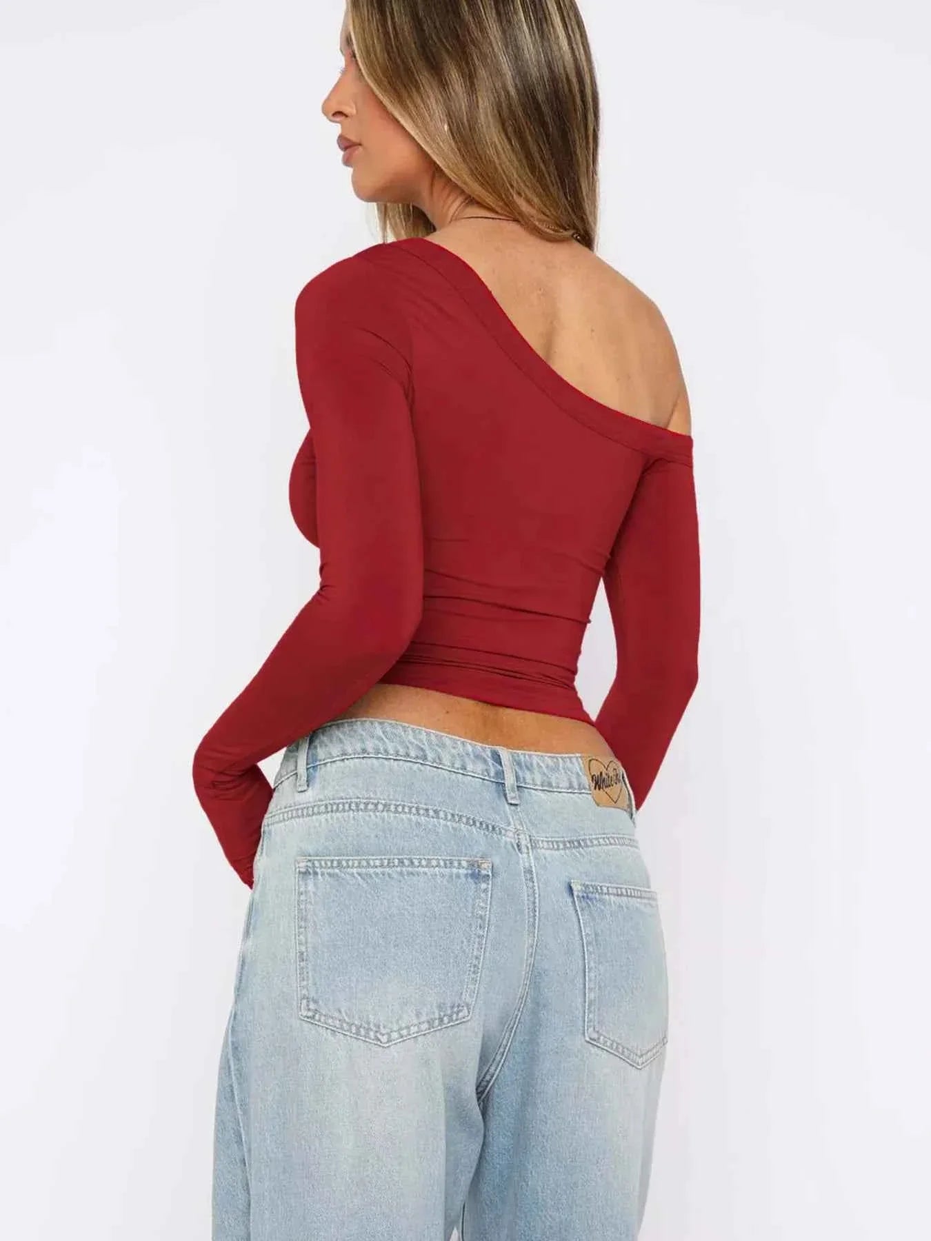 One Shoulder Long Sleeve Crop T-Shirt 375e2344c36642e3b2feb7f283e6b3ee-Max-Origin