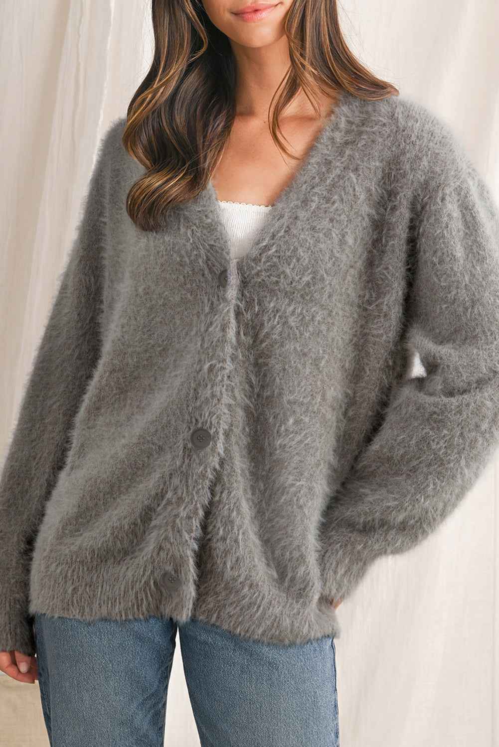 Philippine Gray Fluffy V-neck Button Sweater Cardigan Philippine Gray 75%Polyamide+25%Viscose 378391a894adea6a