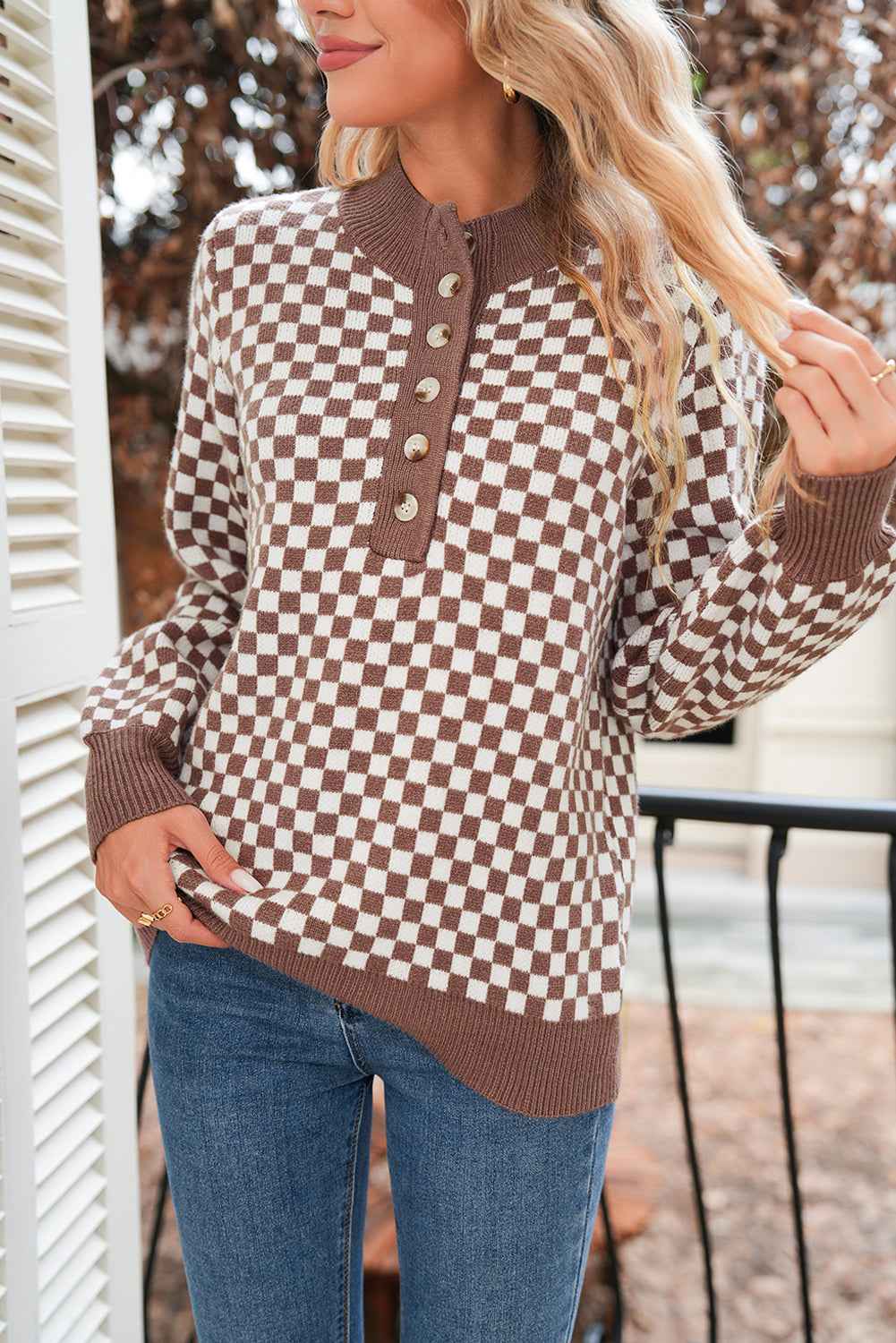 Dark Brown Plaid Contrast Trim Button Neck Sweater 3788dfa5089be79d