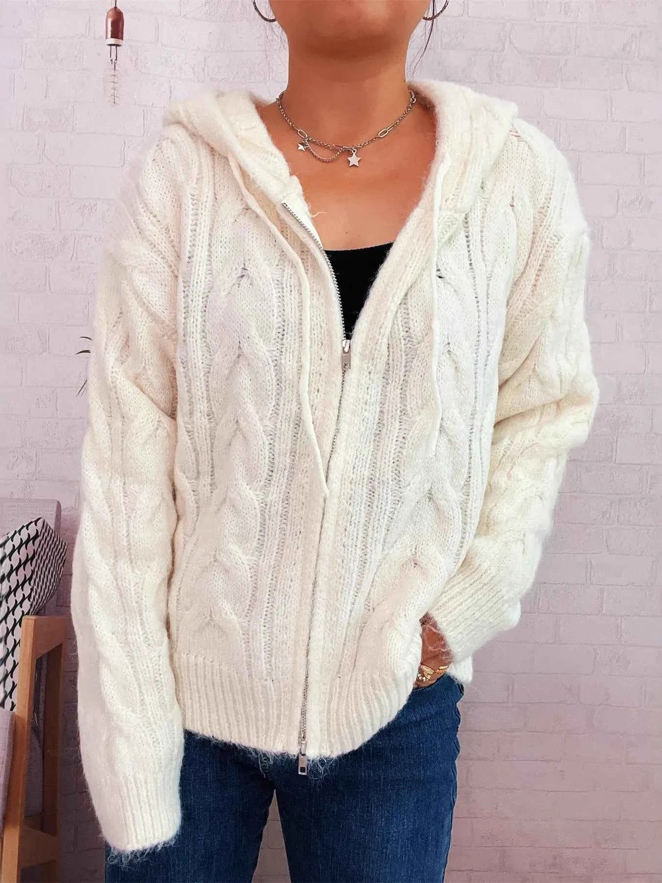 Cable Knit Hooded Zip-Up Cardigan White One Size 378ec8596ab84b80bf43601aa1cfe2c4-Max-Origin