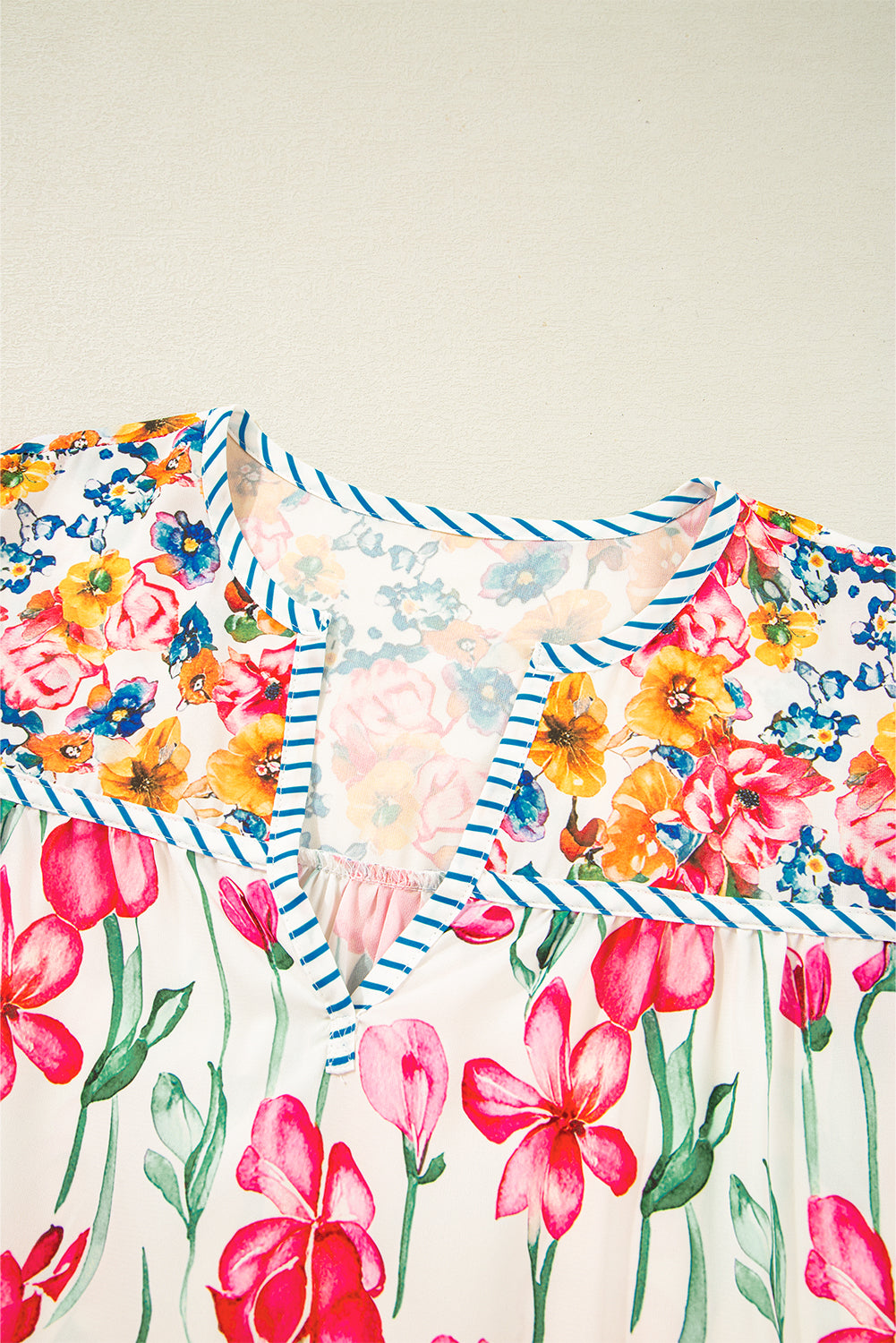 Pink Plus Size Floral Print Striped Trim V Neck Blouse 37b806f2edc7b5b8