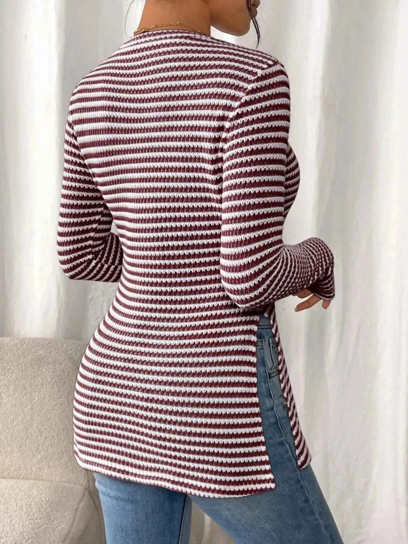 Side Slit Striped Long Sleeve T-Shirt 380a000405994cd88f09655668fa3313-Max-Origin