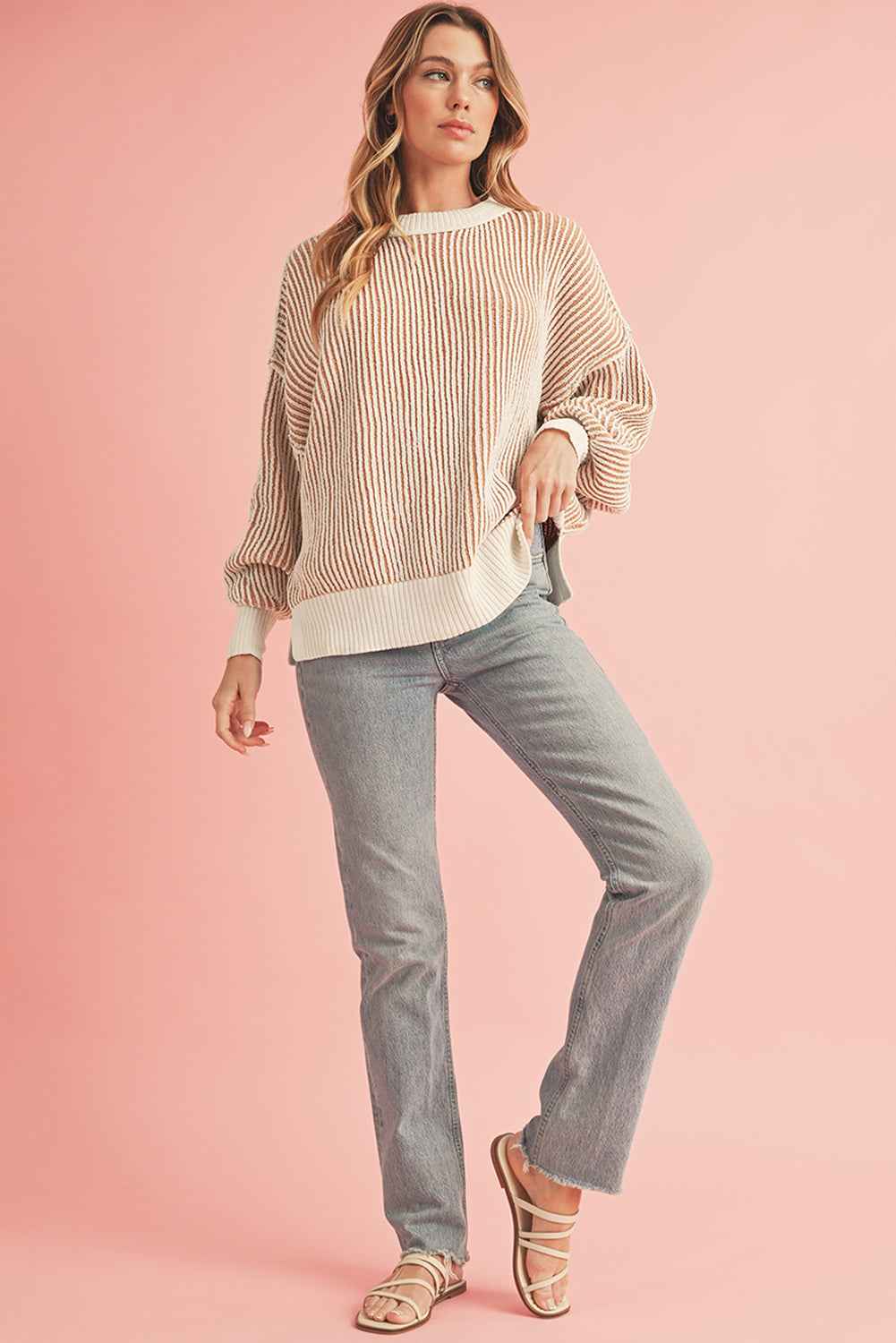 Chestnut Striped Contrast Trim Loose Sweater 3826b1b31204ee6f