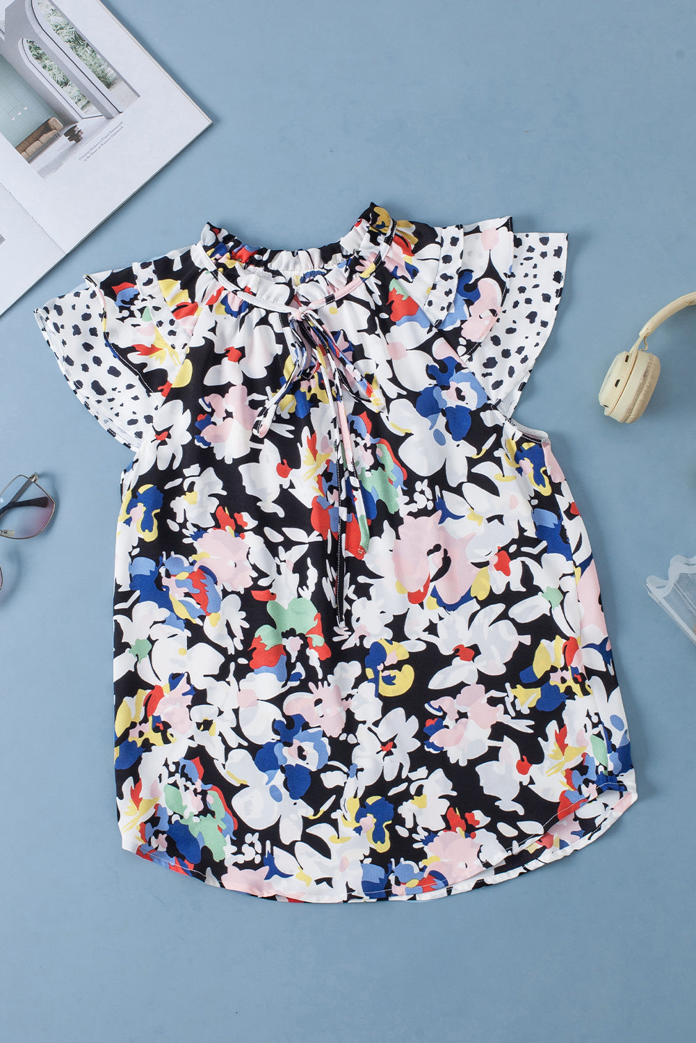 Black Floral Print Ruffle Flutter Sleeve Tied V Neck Blouse 387cc1133554d51d