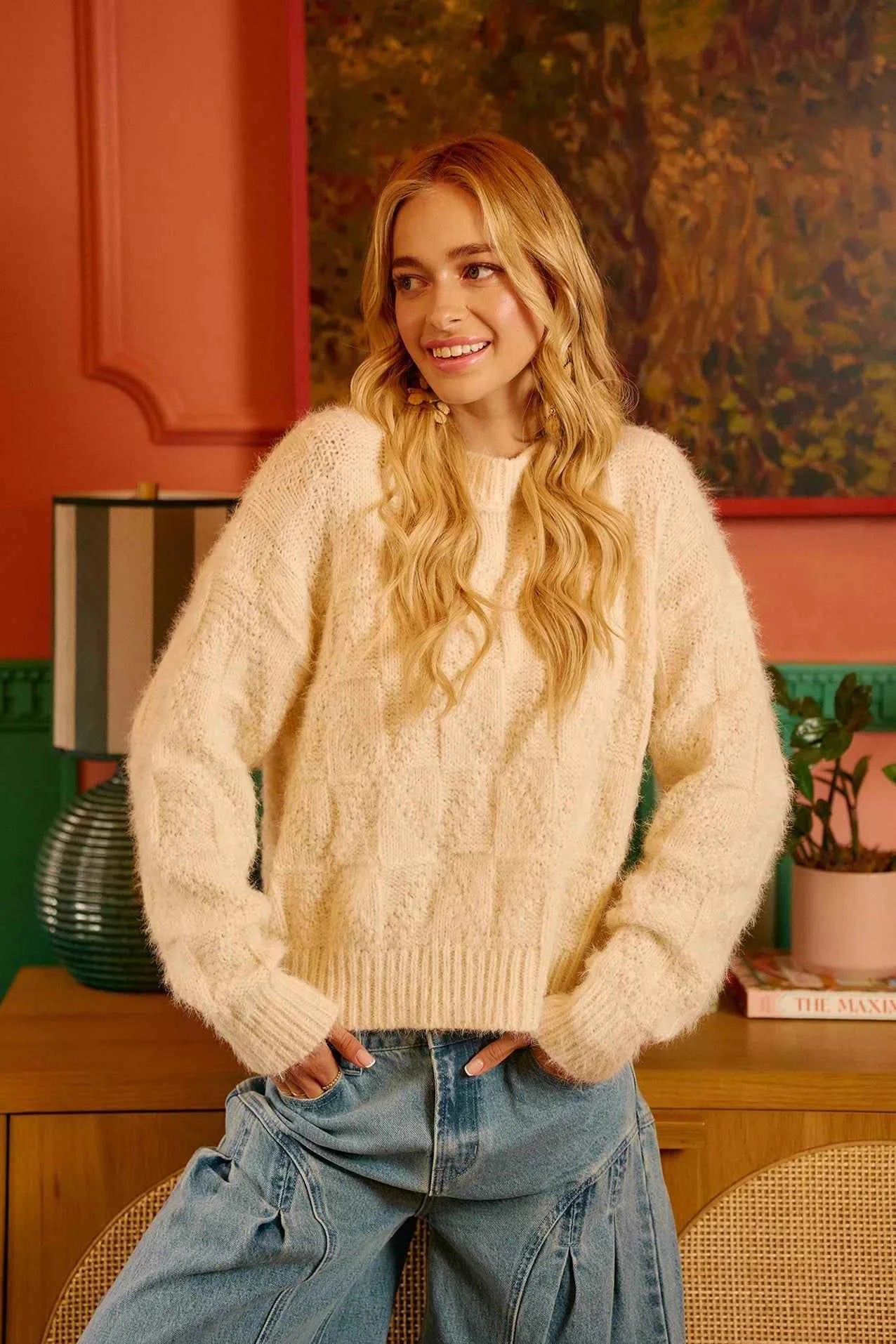 BiBi Checker Board Drop Shoulder Sweater 3898975dcc4f41bea9c388b56f747c74-Max-Origin