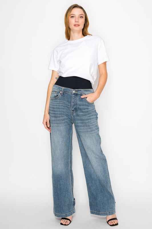 AT2076WDM Adjustable Hem Knit Band Wide Leg Jeans As Shown 389e3fee-0828-4d16-81f4-ee988adbea9e