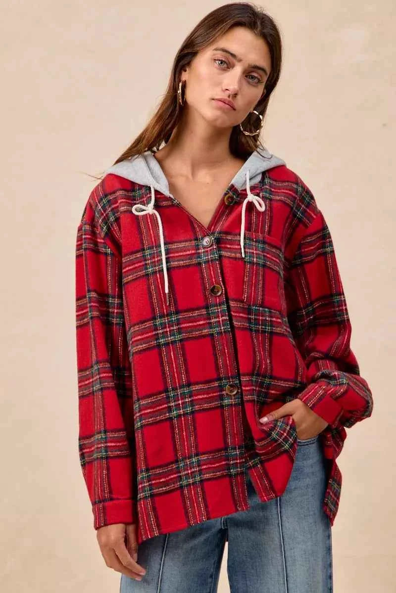 BiBi Brushed Plaid Hooded Jacket