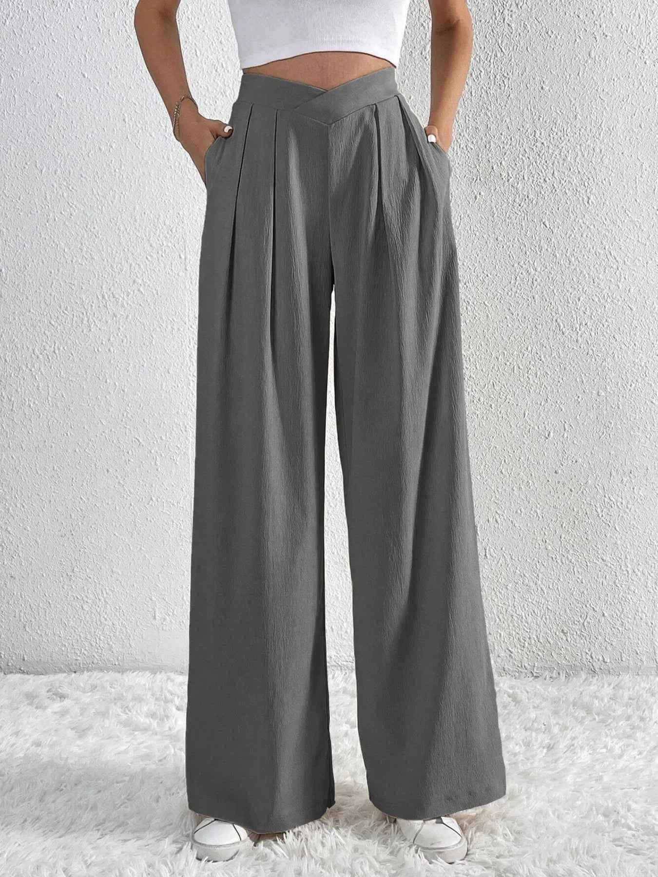 V-Waisted Ruched Front Wide Leg Pants Dark Gray 38f9babea919448aba9e17b78d0b1c9d-Max-Origin