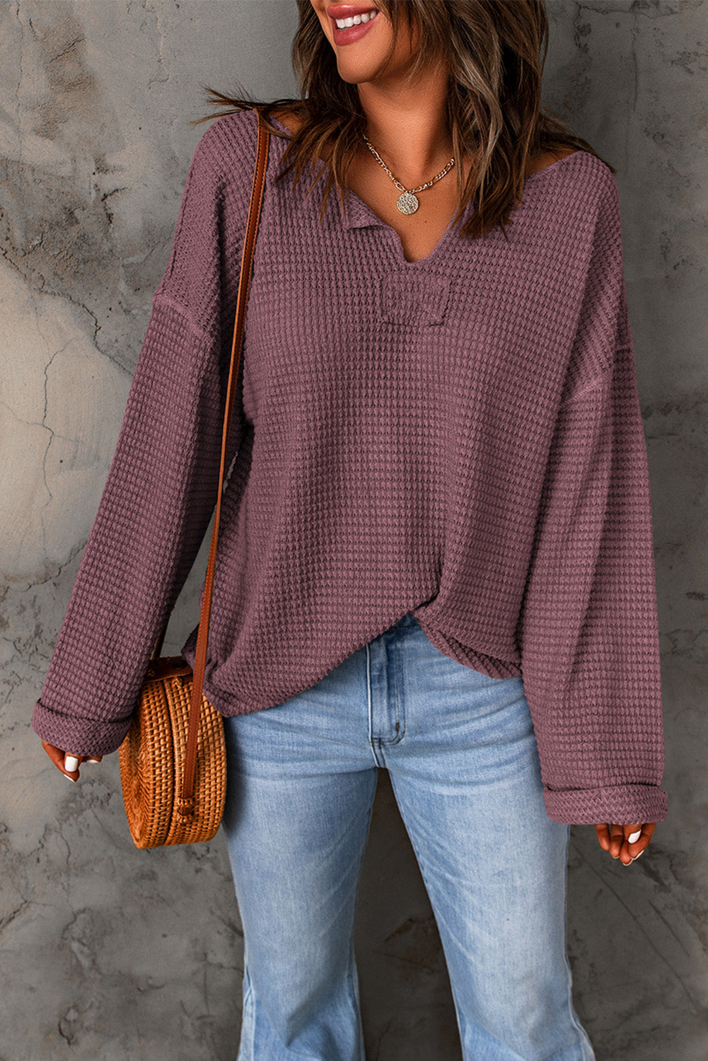 Purple Waffle Knit Split V Neck Drop Shoulder Long Sleeve Top 391088ff3619c15d