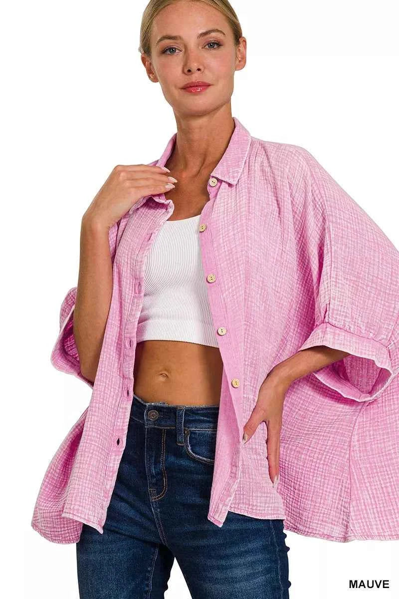 Zenana Washed Double Gauze Button Down Half Sleeve Shirt