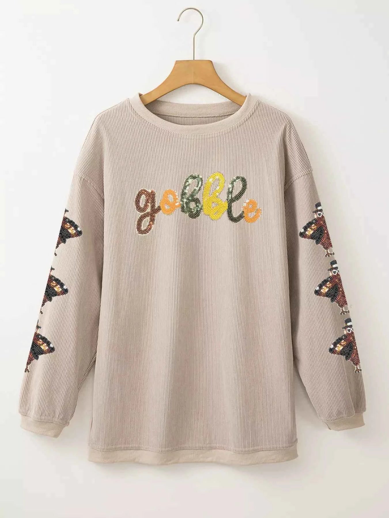 Gobble Corded Ribbed Thanksgiving Turkey Sequin Patched Sleeve Sweatshirt 392c5a29a3b44cc1935a2896a651e677-Max-Origin