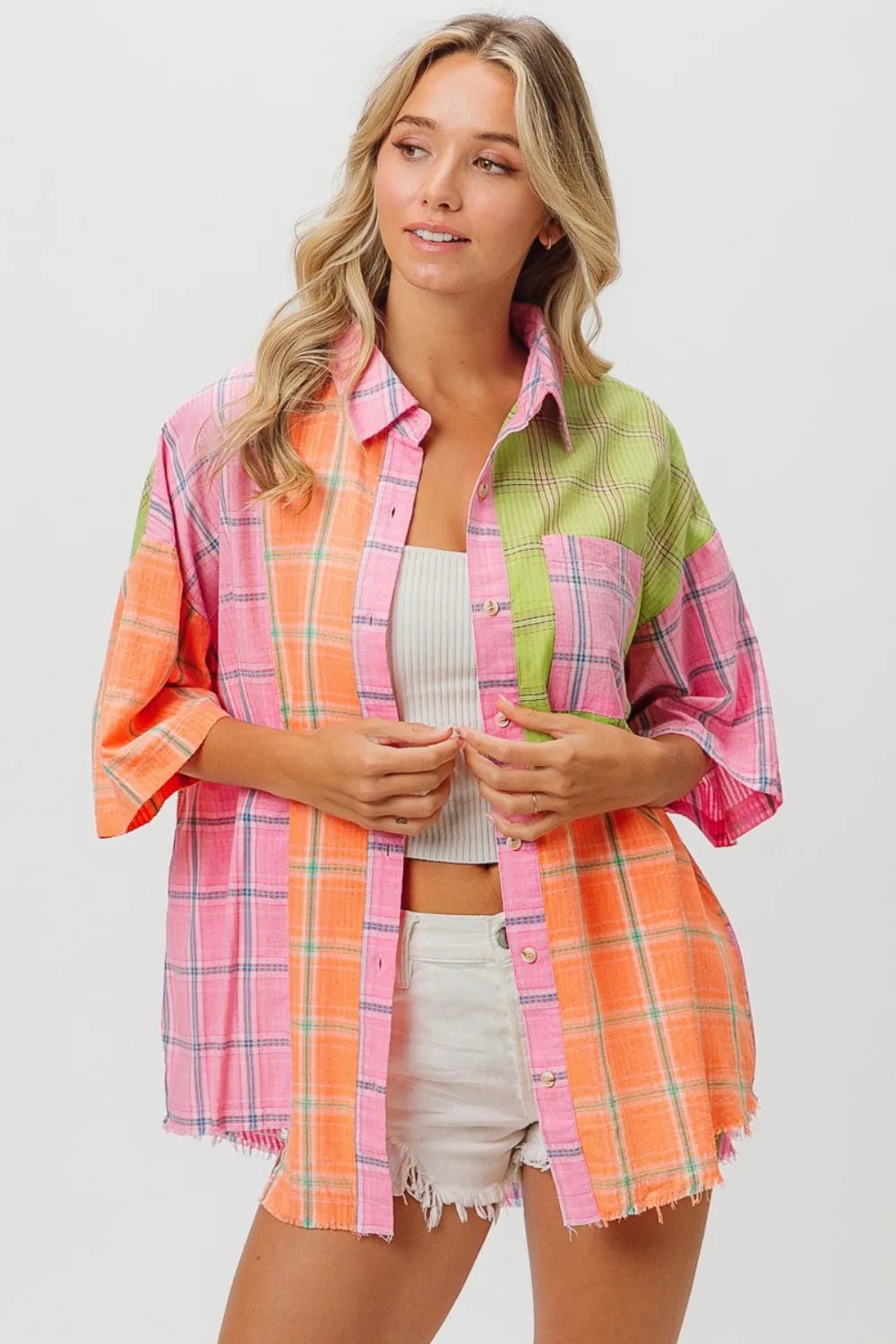 BiBi Plaid Collared Neck Half Sleeve Shirt 3a14a4f1-9757-4d2a-b65b-da9bb8b555bb-Max