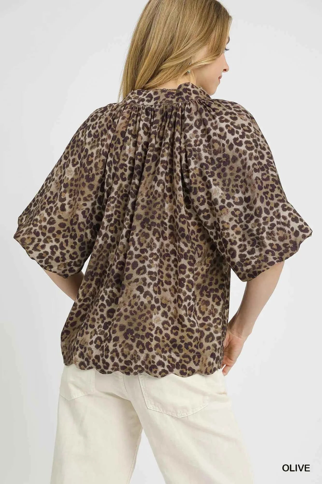 Umgee Leopard Bubble Sleeve Scalloped Hem Blouse 3a32b191-e029-4083-af82-bda462deeaf7-Max-Origin
