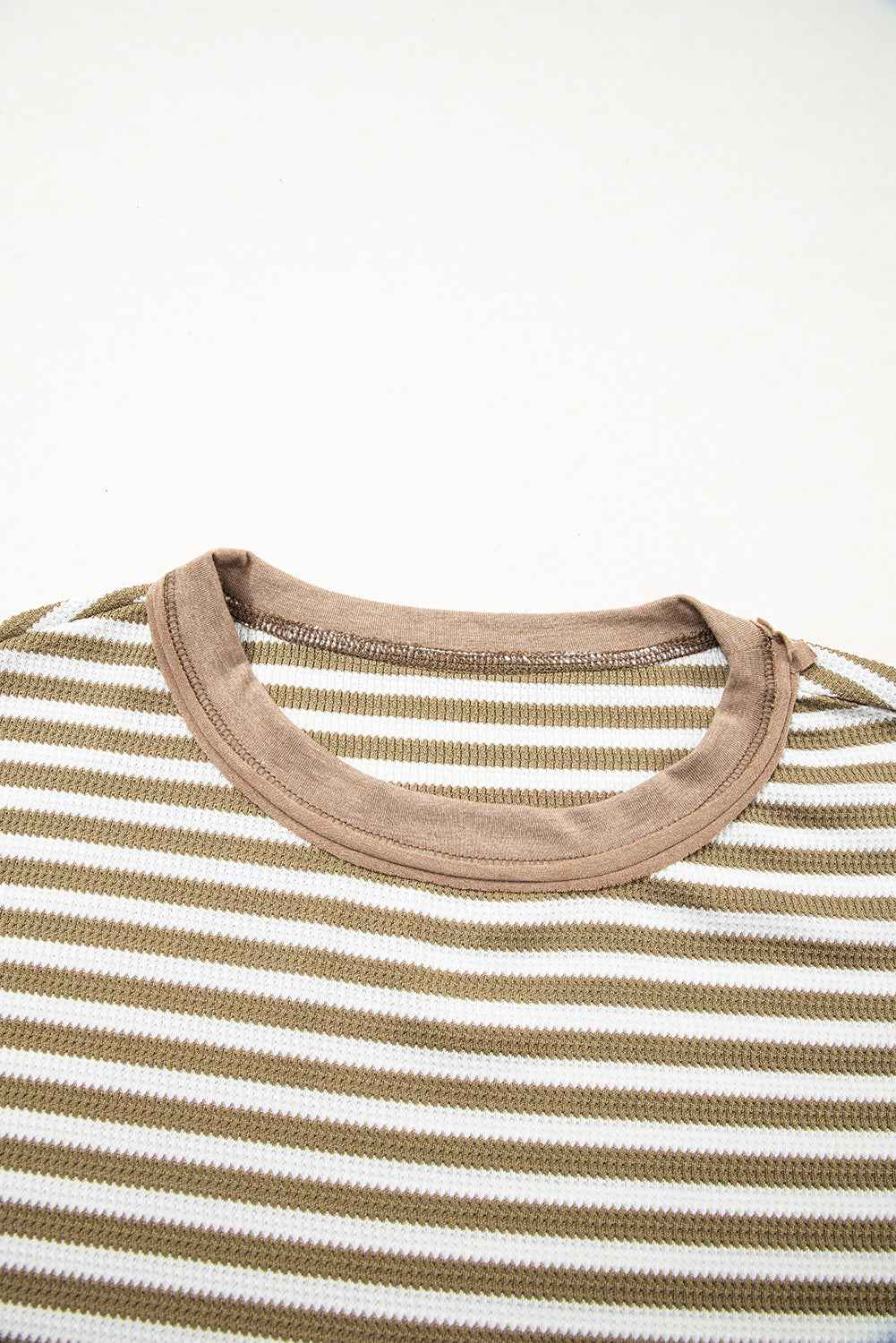 Khaki Stripe Patchwork Knit Drop Shoulder Top 3a8e8bcf1e9a240b