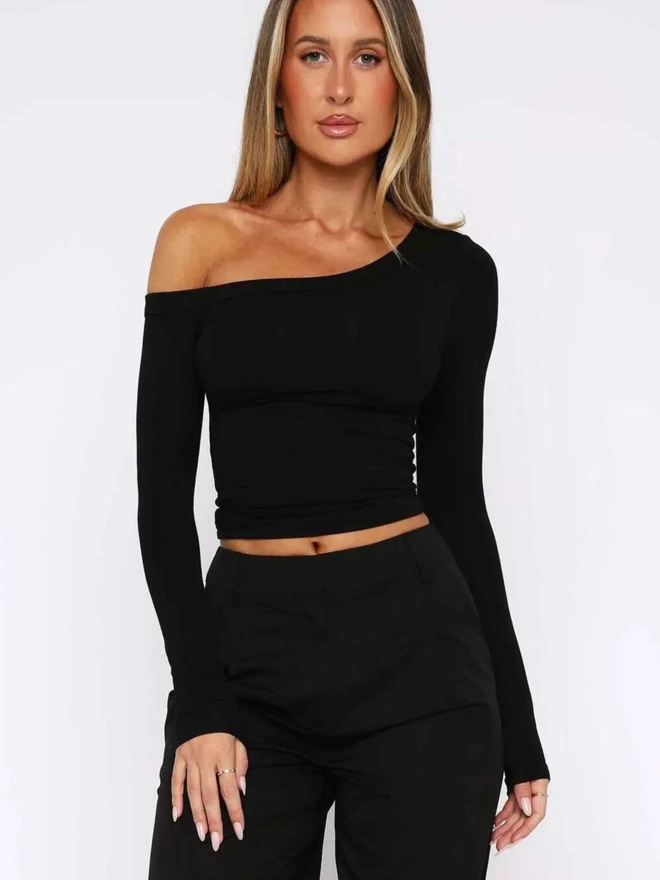 One Shoulder Long Sleeve Crop T-Shirt 3aa375938b9647e189ab9b88bed21afc-Max-Origin