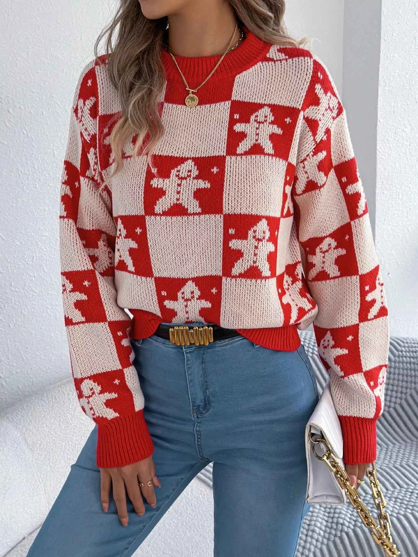 Christmas Checkerboard Gingerbread Round Neck Sweater Red 3b24c0c4-80fa-4699-915a-7e43878eac7c-Max-Origin