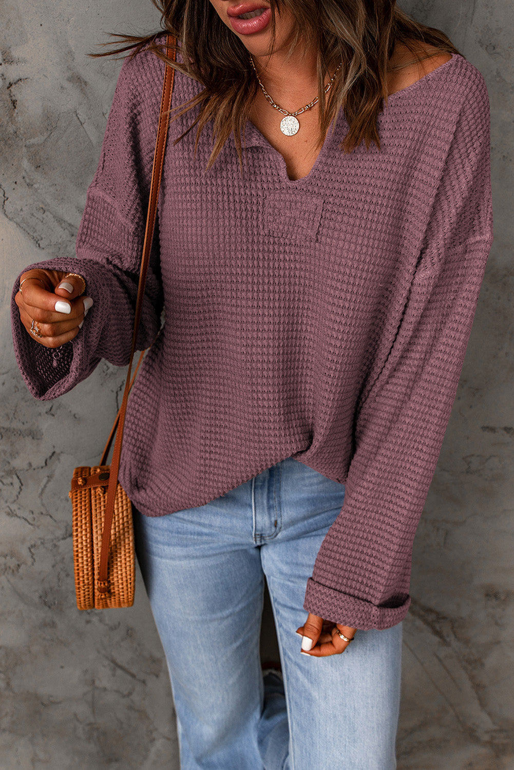 Purple Waffle Knit Split V Neck Drop Shoulder Long Sleeve Top 3b4935022c207f71