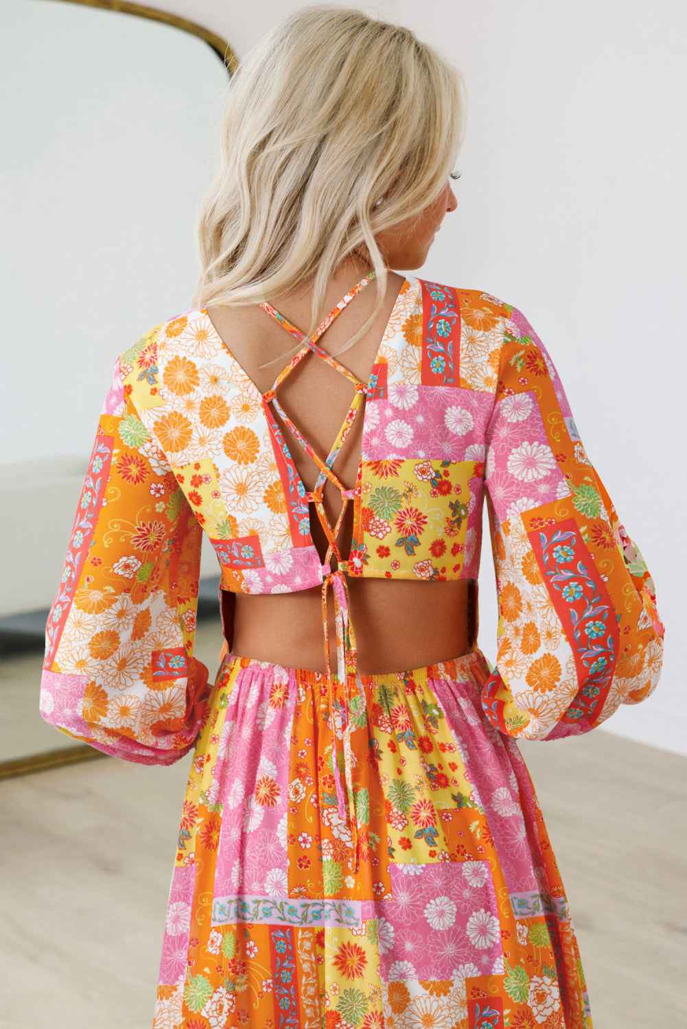 Orange Floral Patchwork Print Cut out Tied Back Bracelet Sleeve Maxi Dress 3b5052528be29e24