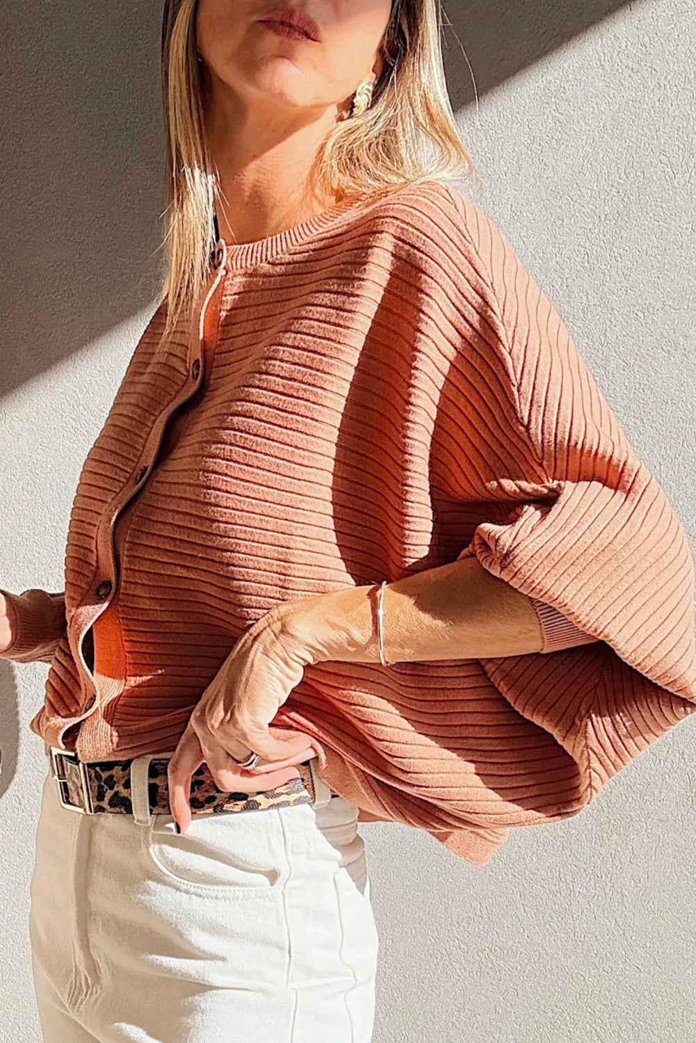 Apricot Pink Rib Knit Button Front Dolman Sleeve Cardigan 3b637d6309c3df25