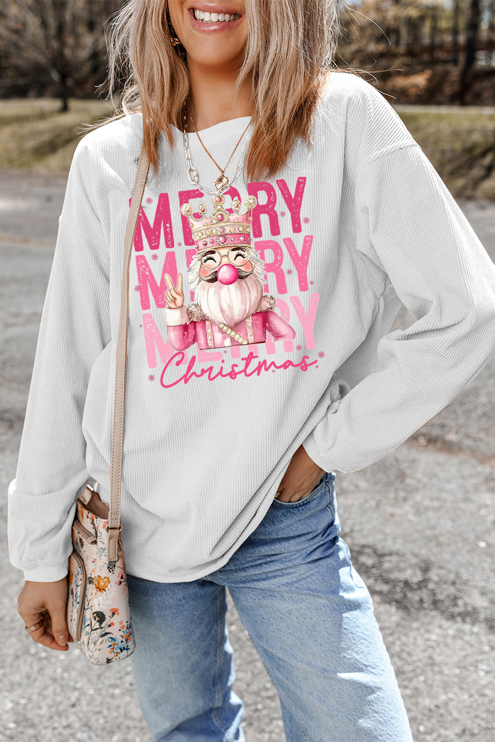 White Twisted Ribbed Merry Christmas Nutcracker King Heat Transfer Printing Sweatshirt 3c61b38de1f203ec