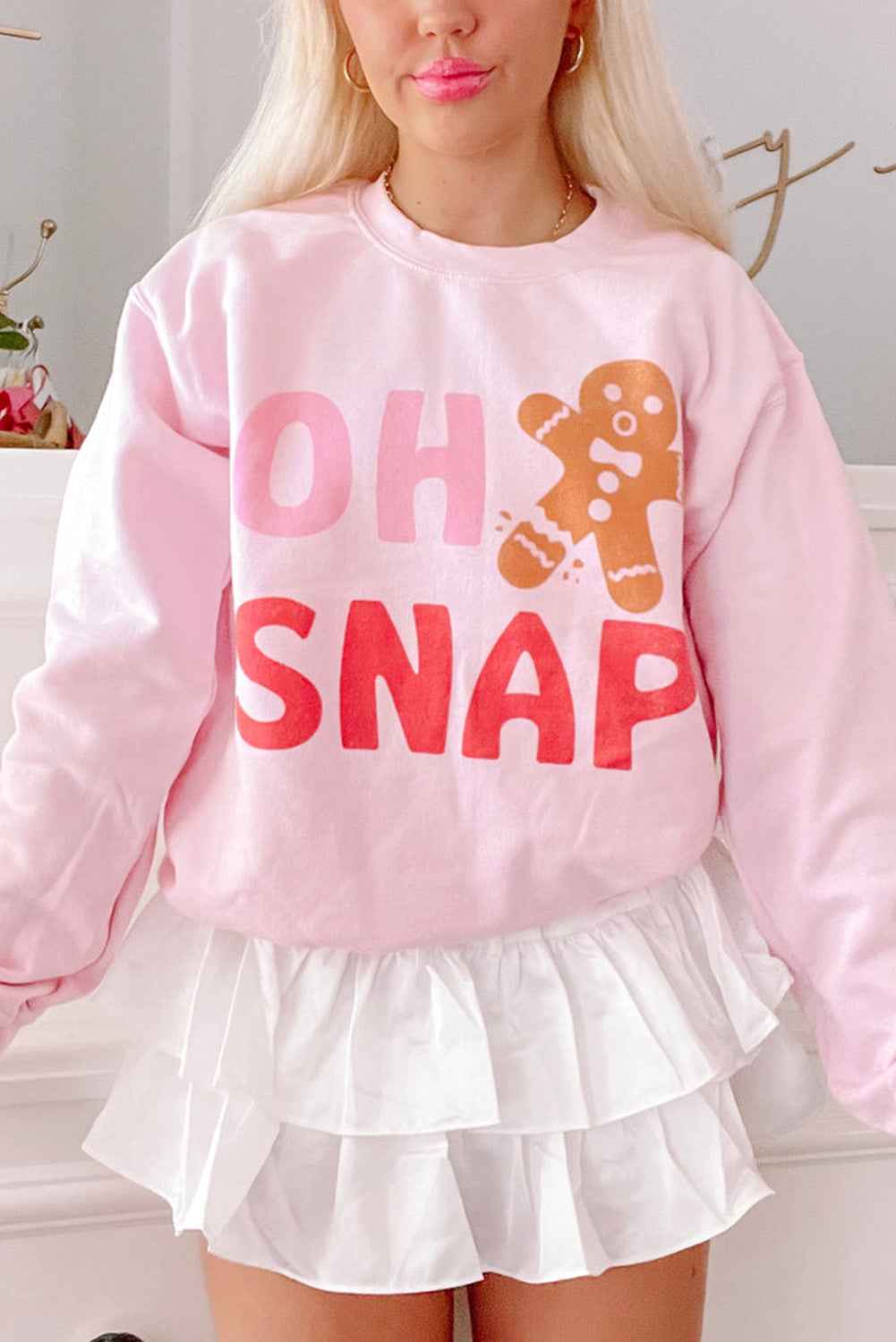 Pink Christmas OH SNAP Gingerbread Man Heat Transfer Printing Graphic Sweatshirt Pink 70%Polyester+30%Cotton 3c9518a64baaa341