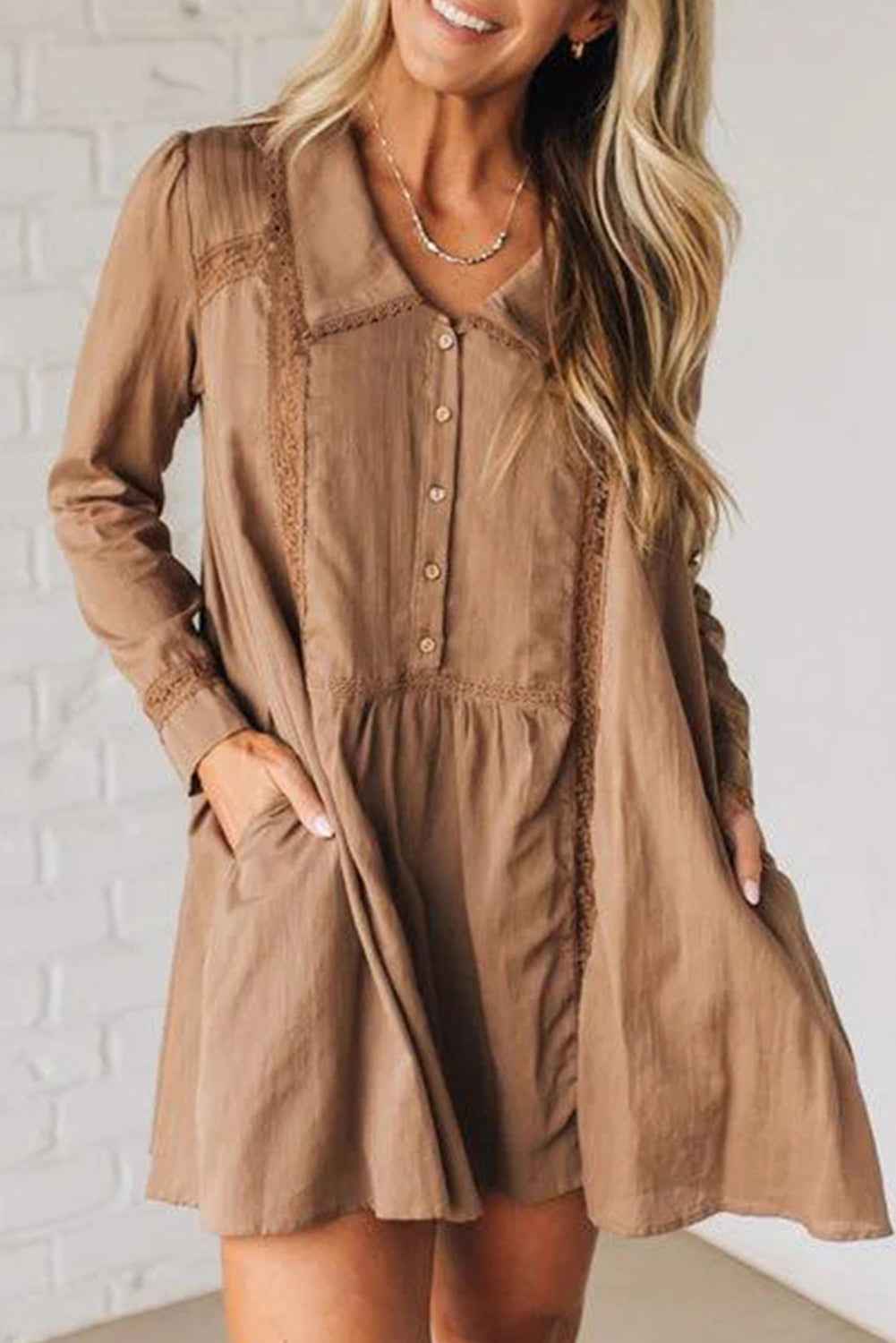 Straw Yellow Lace Trim Peter Pan Collar Long Sleeve Mini Shirt Dress Straw Yellow 100%Viscose 3cda81e398ac302f