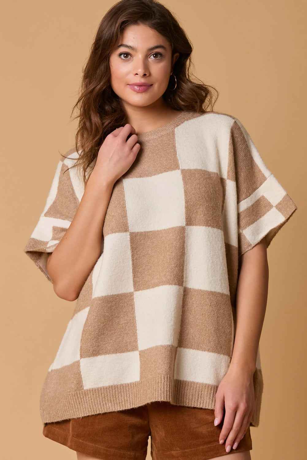 Black Checkered Pattern Loose Short Sleeve Sweater 3d0a86abb694da17