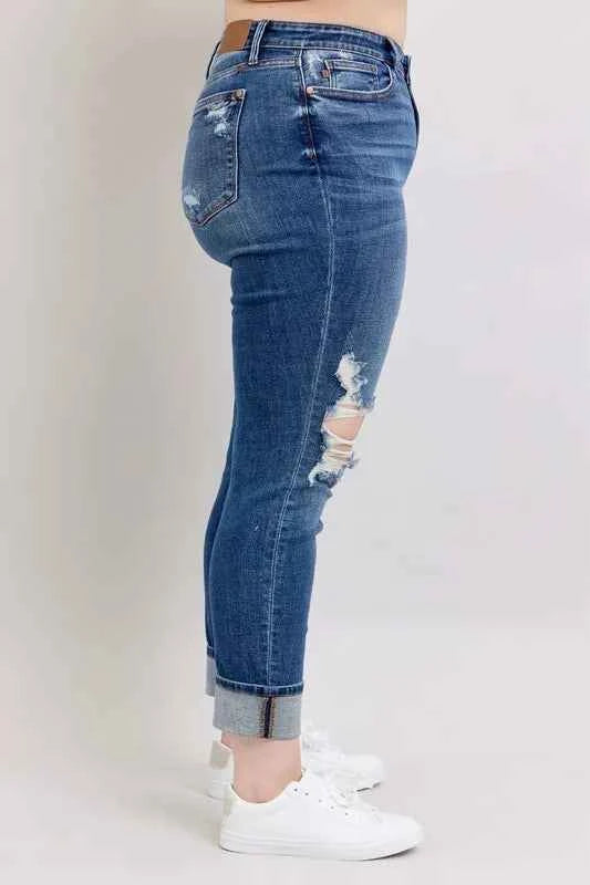 Judy Blue Full Size Mid Rise Boyfriend destroy Jeans with Yoke Pockets and Faux Selvedge Cuff Plus Size 3d708687-195f-499e-adb3-039cc63e426e-Max-Origin