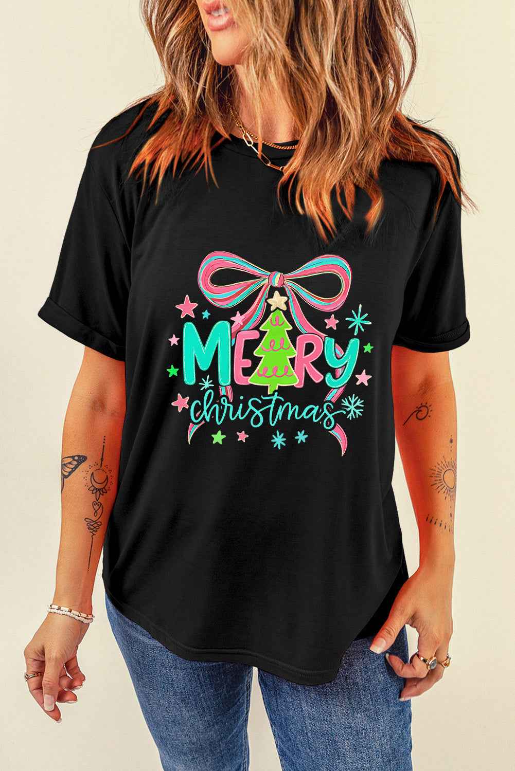 Black MERRY Christmas Vibrant Bow Heat Transfer Printing T Shirt 3dfd06e30b2498b7