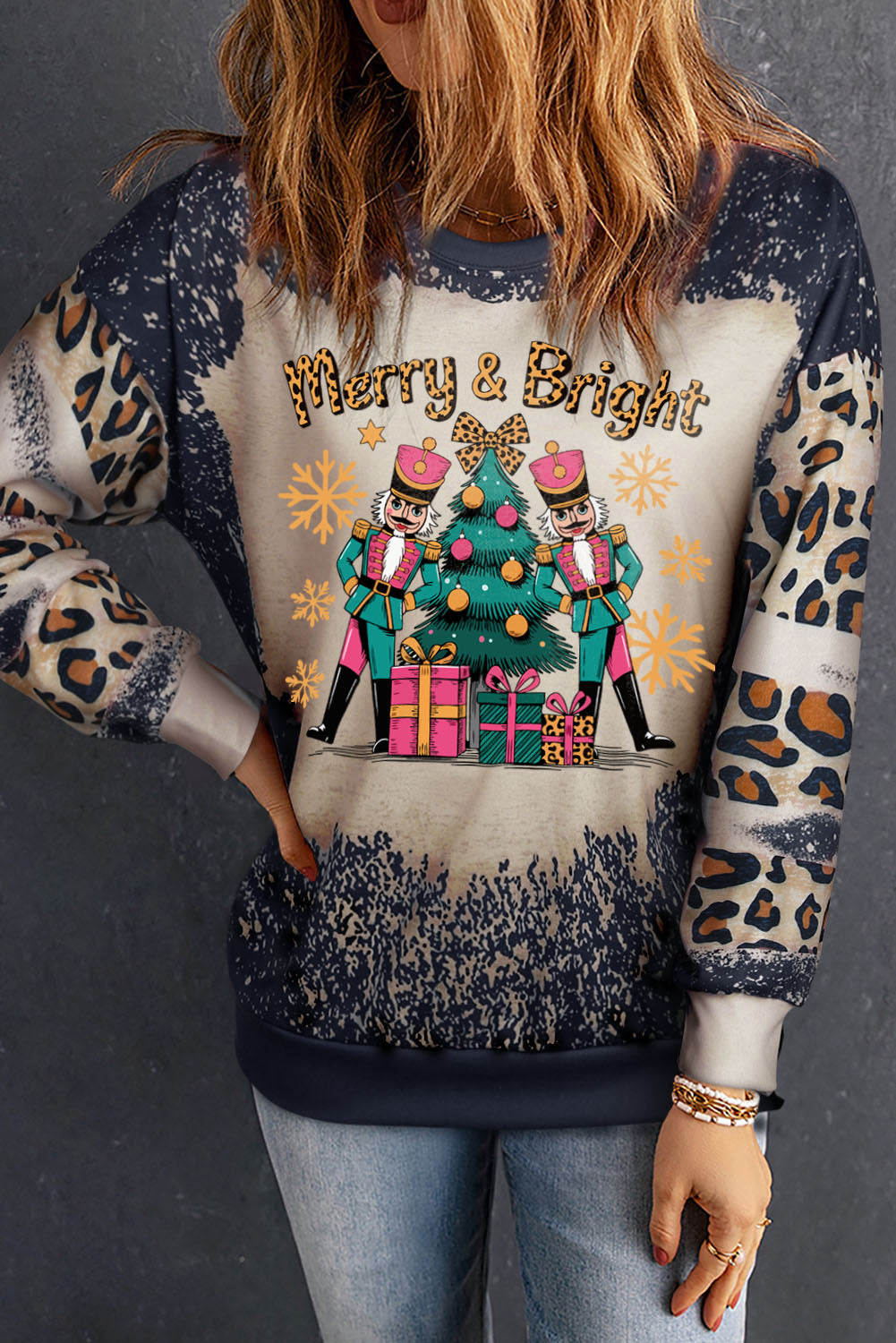 Black Merry&Bright Christmas Nutcracker Heat Transfer Printing Leopard Tie Dye Bleached Baggy Sweatshirt 3e46f80264cc604a