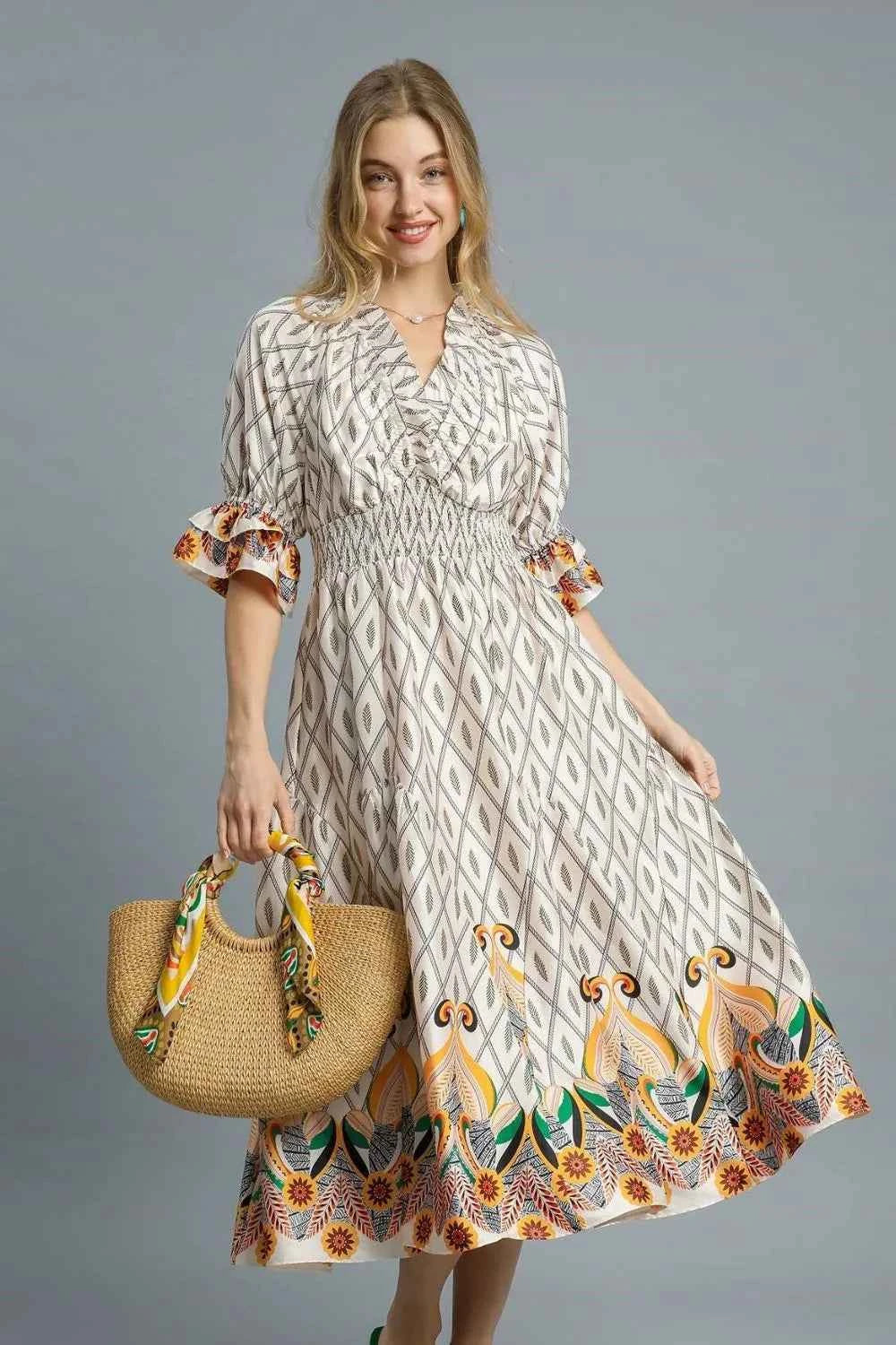 Umgee Printed Smocked Waist Flounce Sleeve Midi Dress Ivory 3ea731ed-9a21-496d-babc-65e56b4fe071-Max-Origin