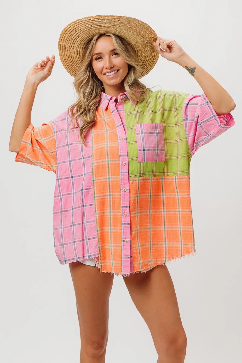 BiBi Plaid Collared Neck Half Sleeve Shirt Pink Peach Lime 3eac71de-2e76-4235-8230-84efb19208d9-Max