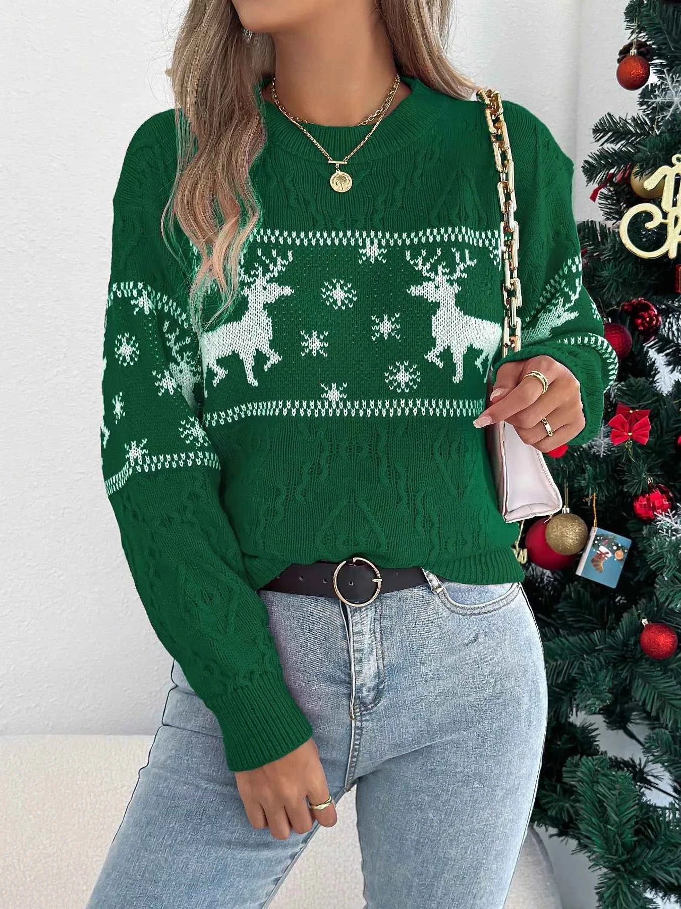 Christmas Reindeer Round Neck Sweater Green 3ec3e8a5-2bb5-44c4-b786-ea9374aa25a8-Max-Origin