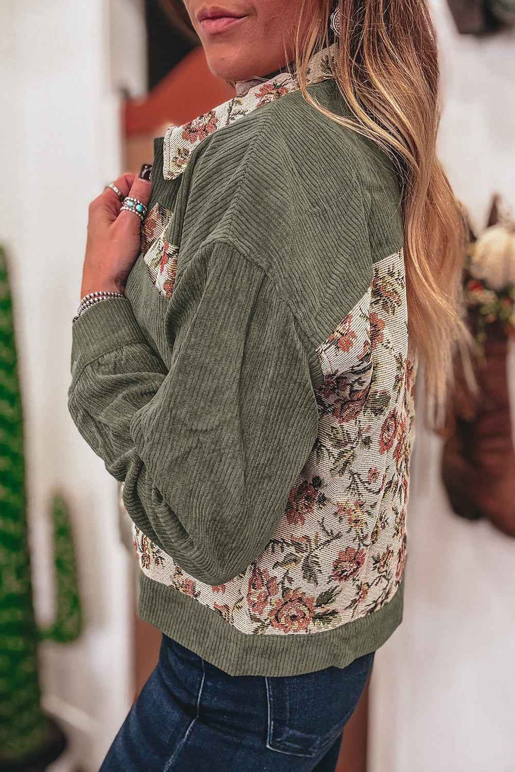 Medium Grey Ribbed Retro Floral Patchwork Jacket 3f1de095f4aac272