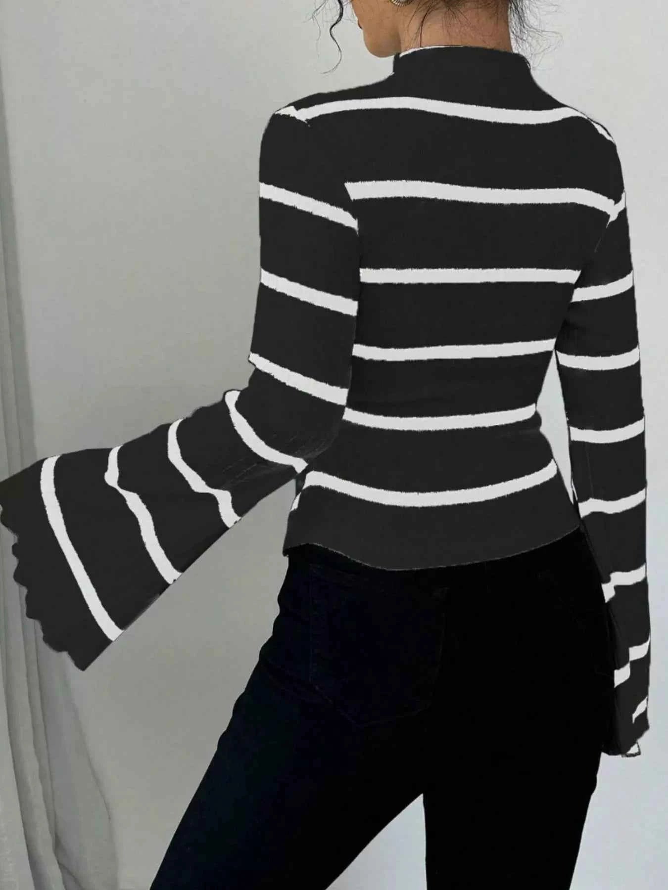 Striped Mock Neck Flare Sleeve Knit Top 3f5b30ce-ba30-42a0-b7e1-3657234d418f-Max-Origin