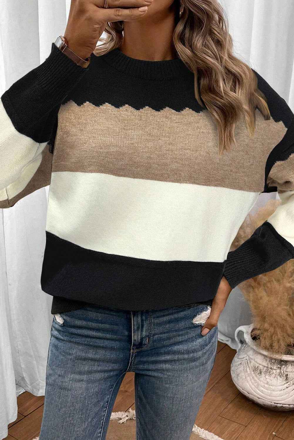 Black Colorblock Crew Neck Drop Shoulder Sweater 3f7473d8c331679e
