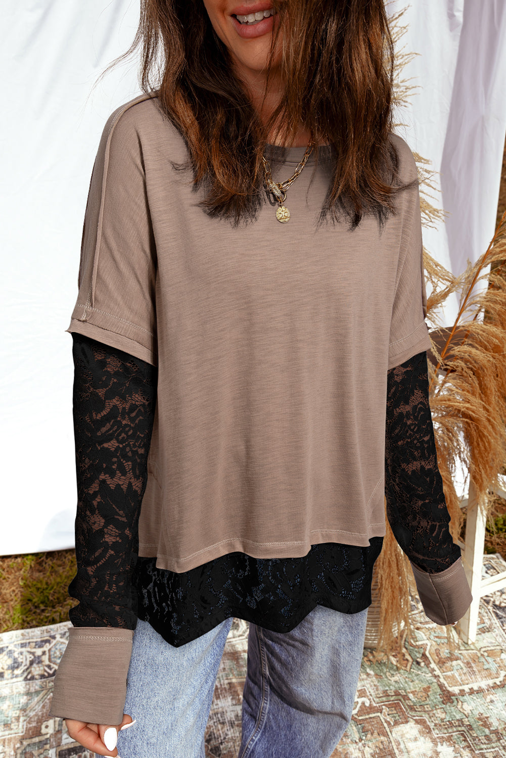 Light French Beige Sheer Lace Patchwork Casual Long Sleeve Tee Light French Beige 65%Polyester+35%Cotton 3f757fe80b9d2a51