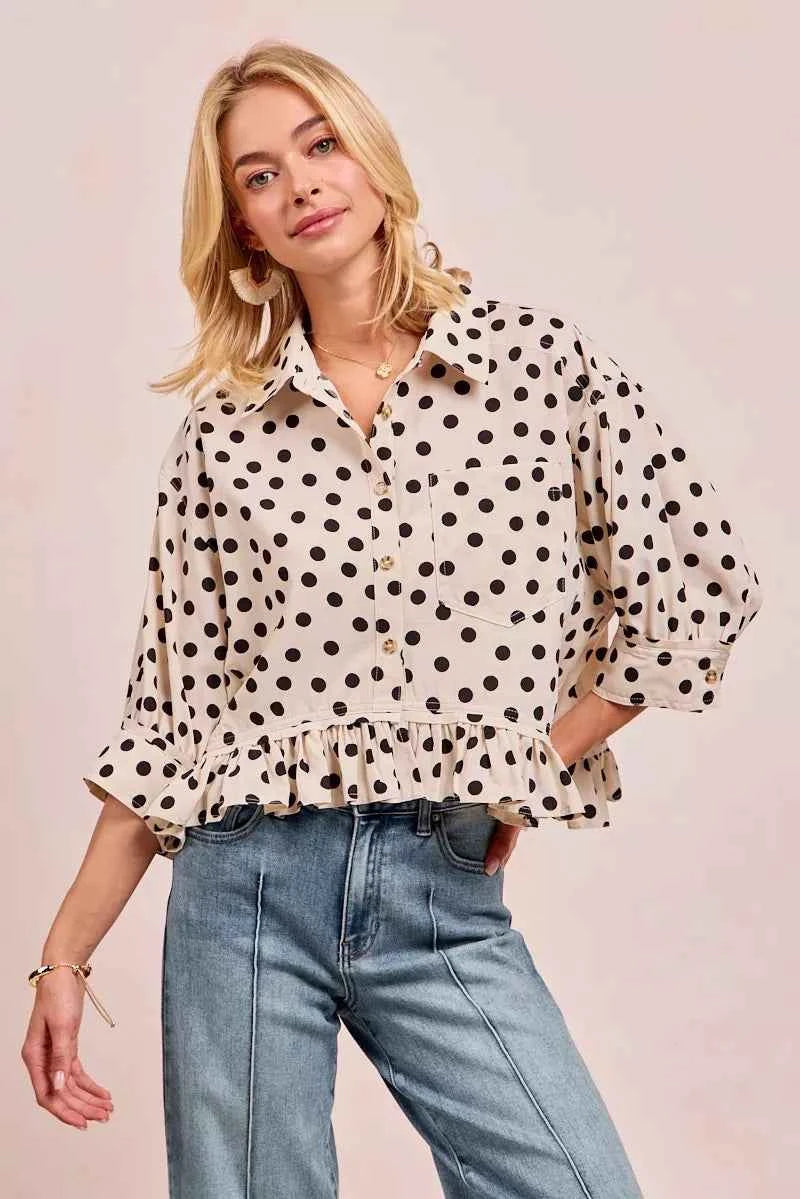 BiBi Polka Dot Printed Peplum Top with Front Button OFF WHITE BLACK 3f9ef2aa0d794cec81657a5af8b07e92-Max-Origin
