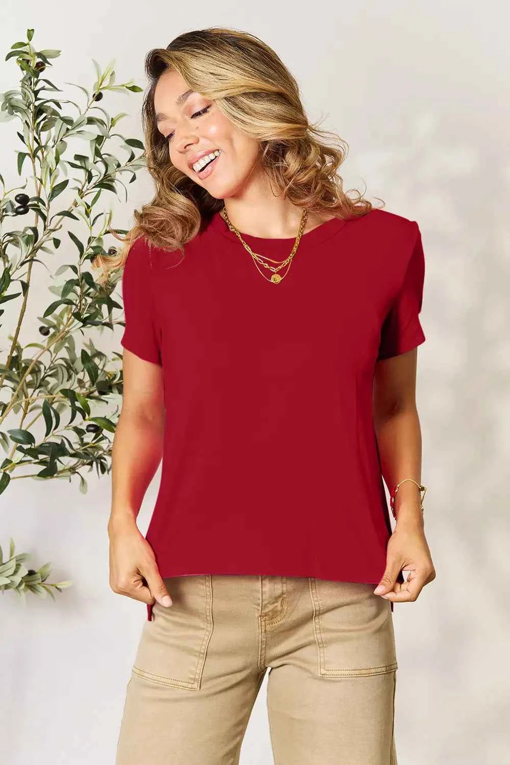Basic Bae Full Size Round Neck Short Sleeve T-Shirt Deep Red 40152a0604e14c5abd3071327513f889-Max
