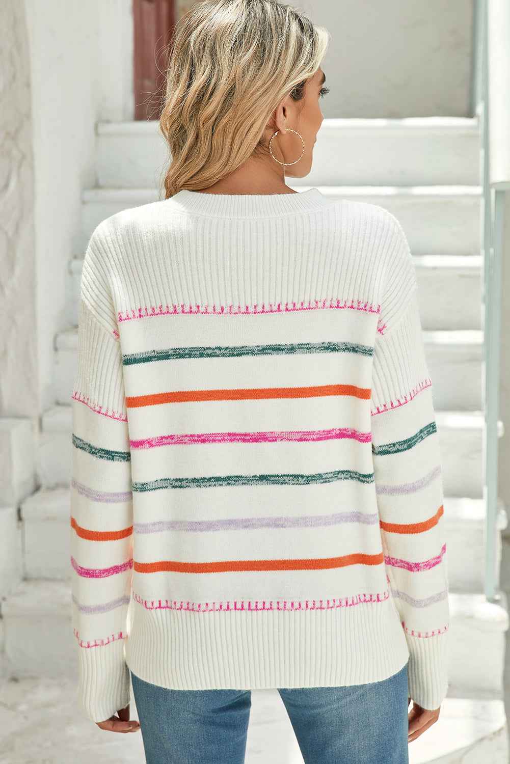 Black Colorful Striped Ribbed Trim Round Neck Sweater 401b673139a4396f