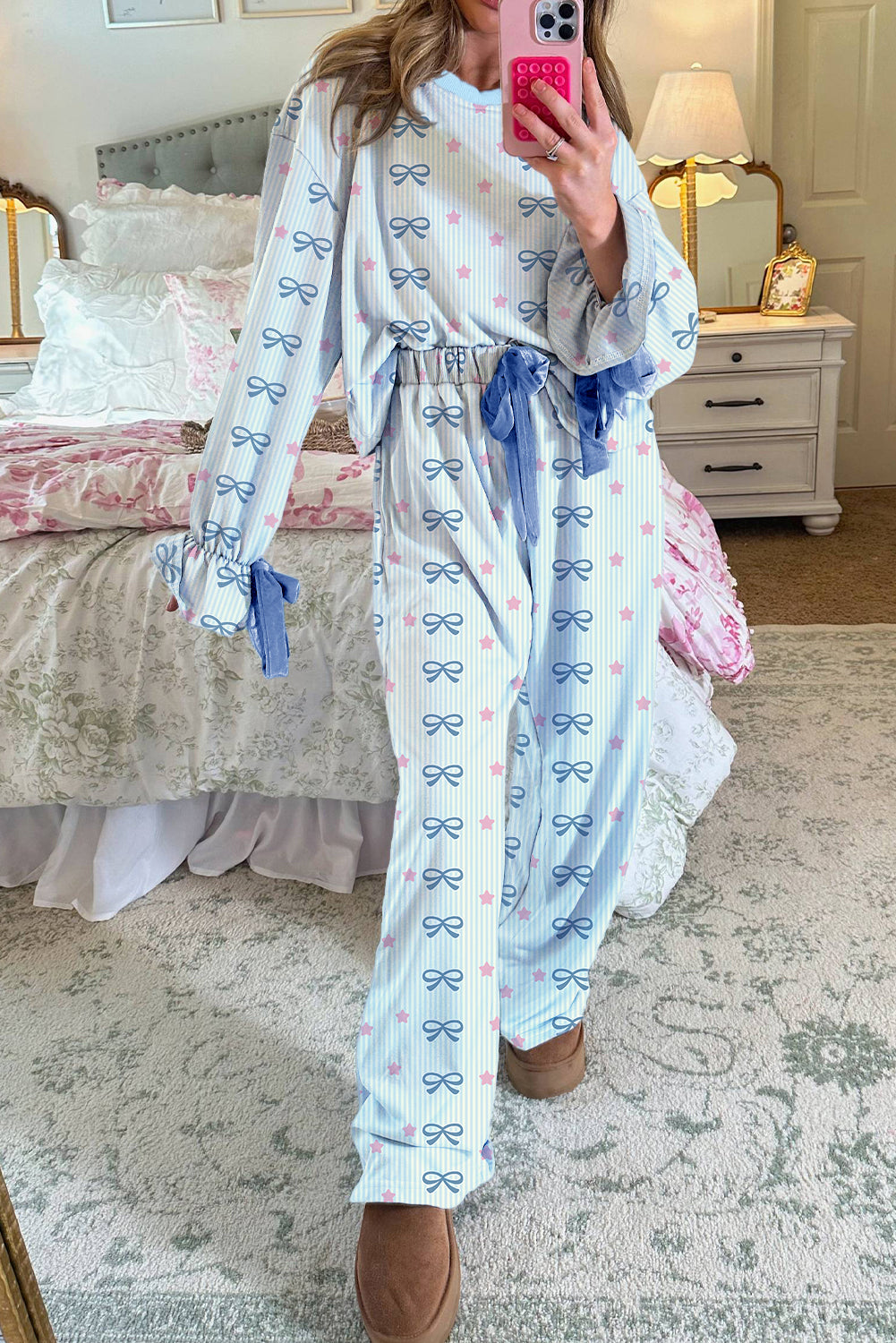 Sky Blue Stripe Bow Star Print Tied Detail 2pcs Lounge Set 4095b13dab380741