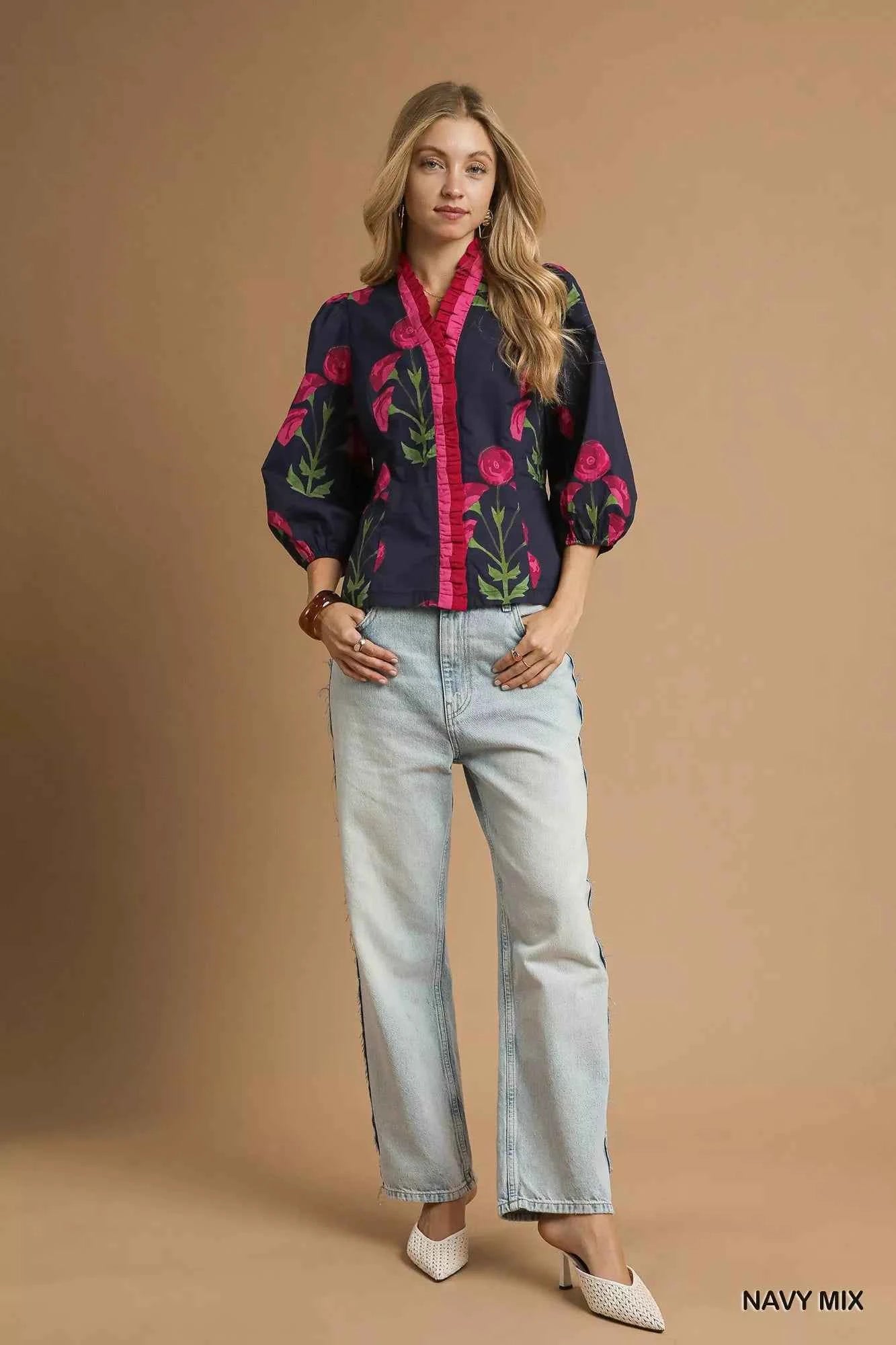 Umgee Floral Print Ruffle Trim Puff Sleeve Blouse 4096fceb-184b-42d0-905b-86a4c8071140-Max-Origin
