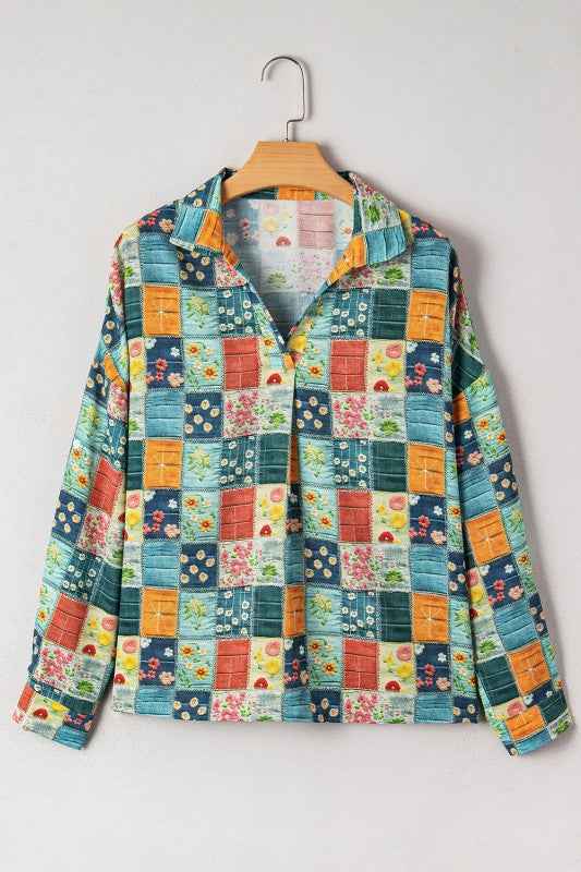 Floral Patchwork Long Sleeve Collar V-Neck Blouse 41a2ec1d-1bcb-4333-84d9-8223d3a0f616