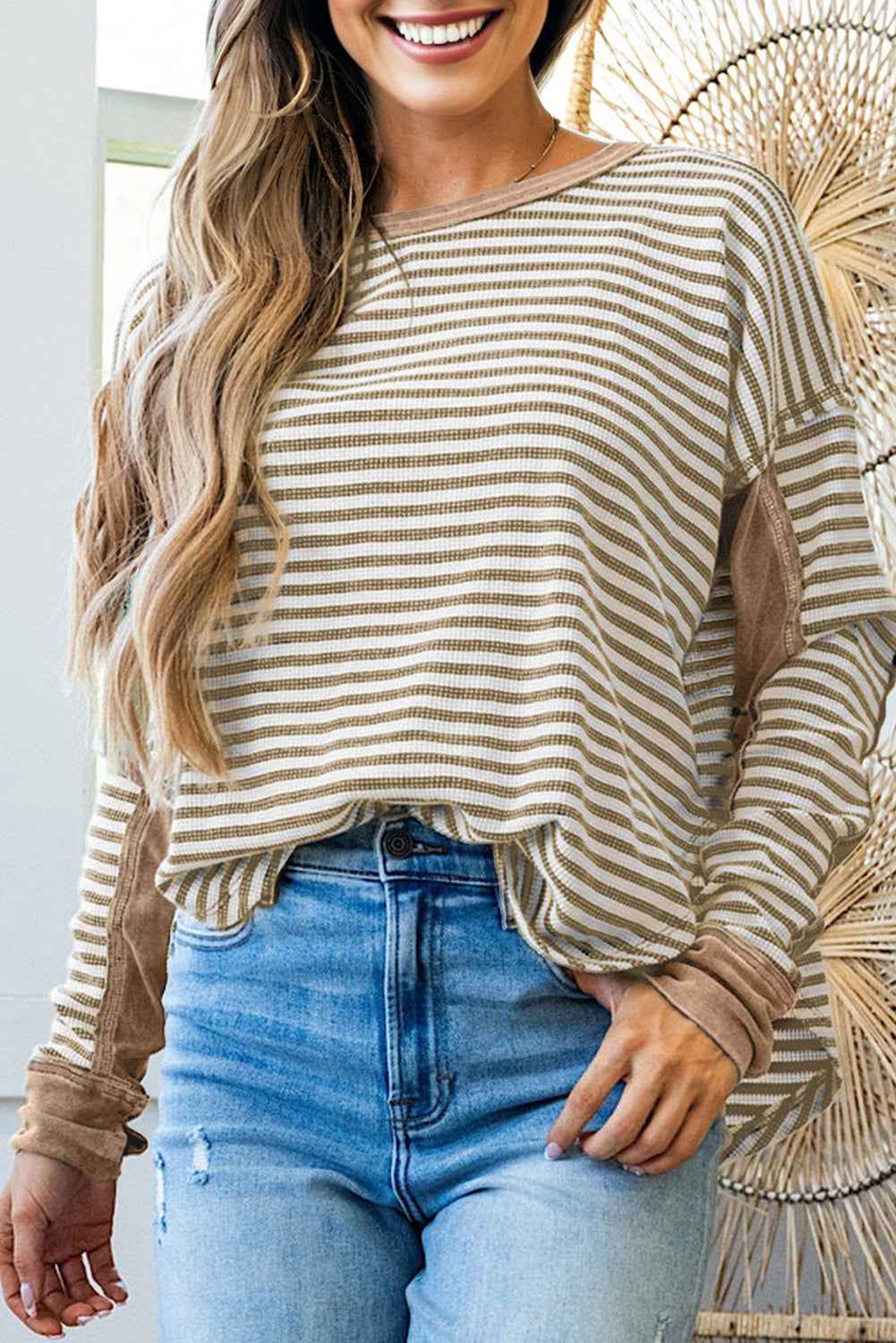 Khaki Stripe Patchwork Knit Drop Shoulder Top Khaki Stripe 95%Polyester+5%Elastane 41dbd8c285c7f64a