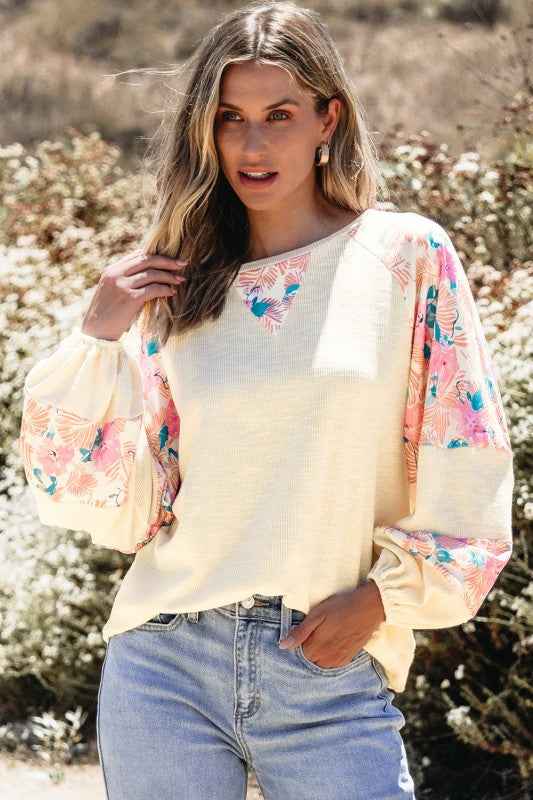 Floral Patchwork Balloon Sleeve Textured Blouse 41f88c82-1db2-4dd2-96c0-931c6702073b