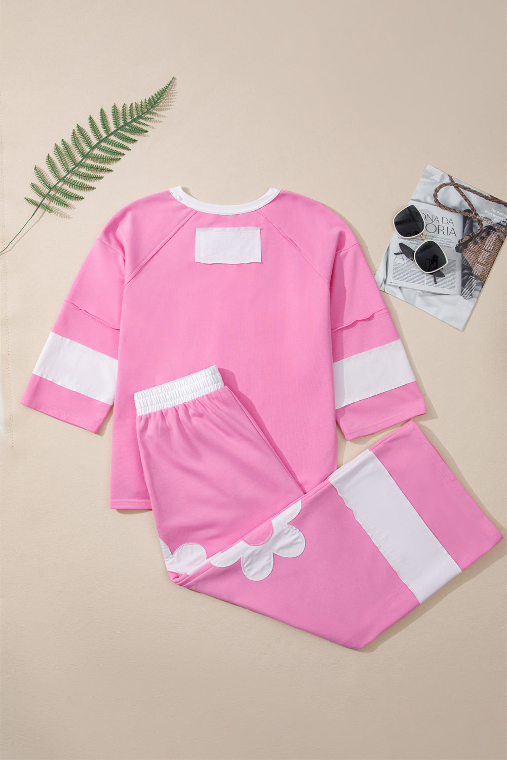 Orchid Bouquet Flower Patched Raw Seam Colorblock Loose Pants Set 422d24dce18fd57c