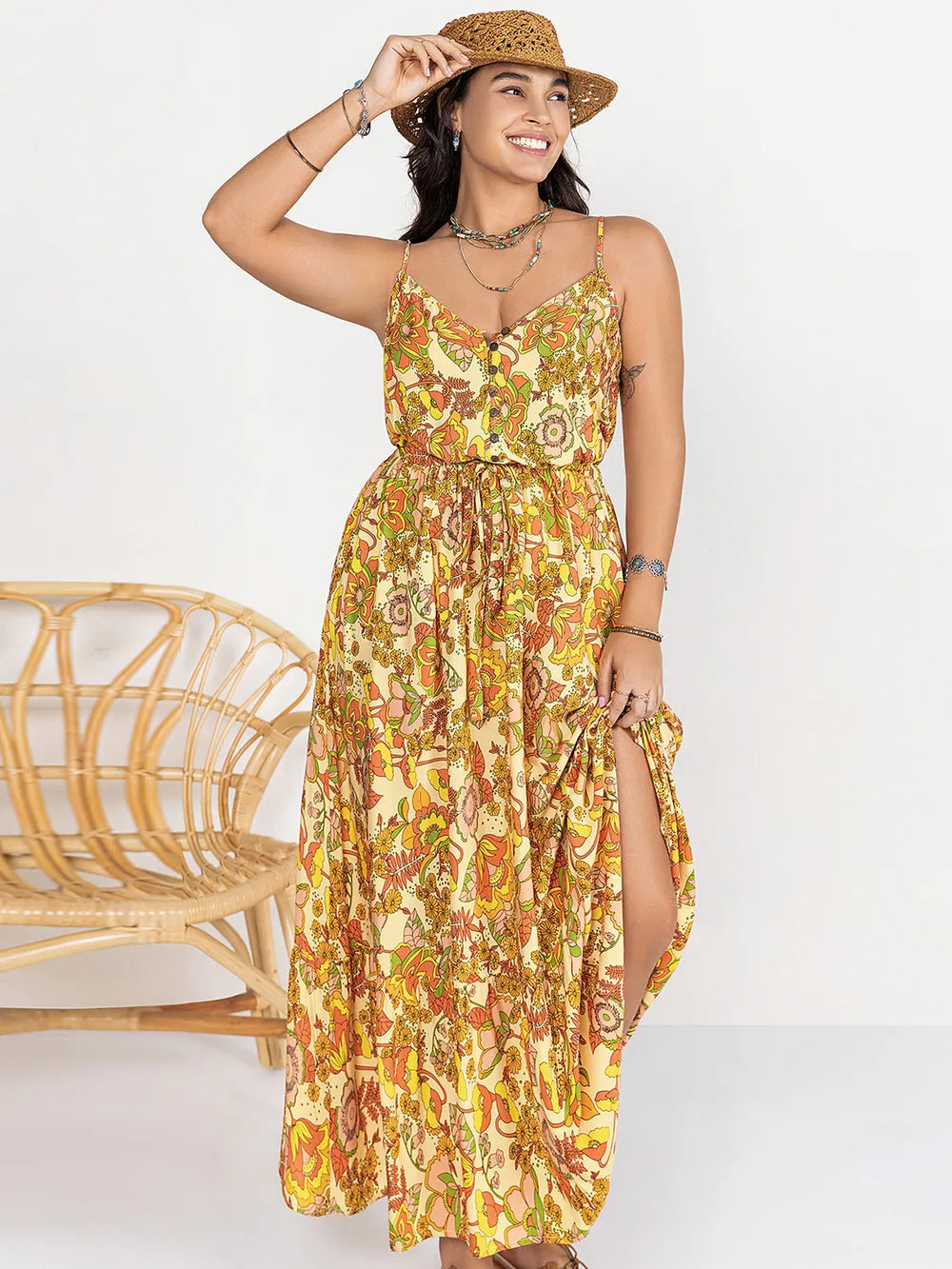 Plus Size Printed V-Neck Maxi Cami Dress Gold 423512da-aabe-4c70-b567-c501db97b984-Max