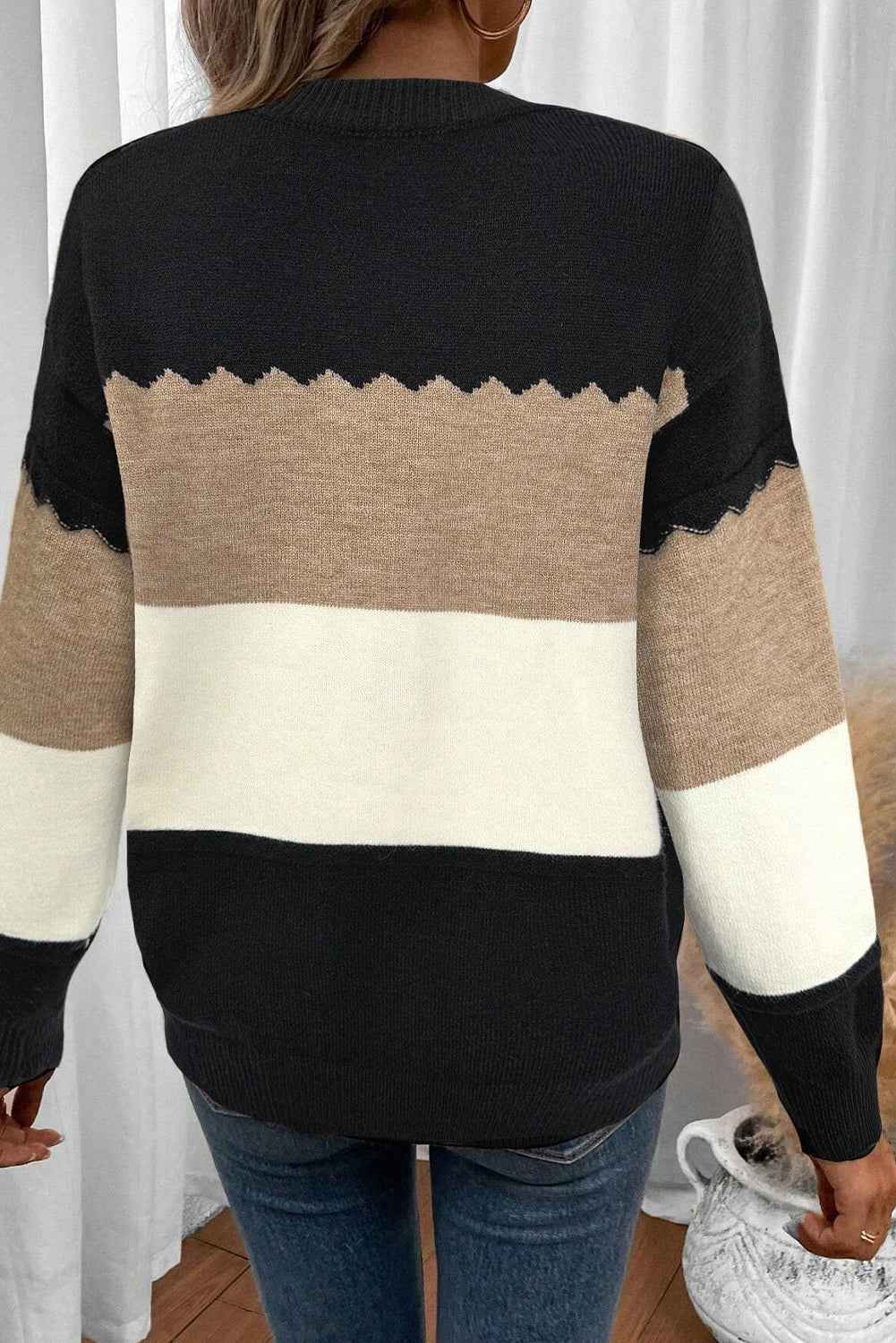 Black Colorblock Crew Neck Drop Shoulder Sweater 426e5fe7eae06385