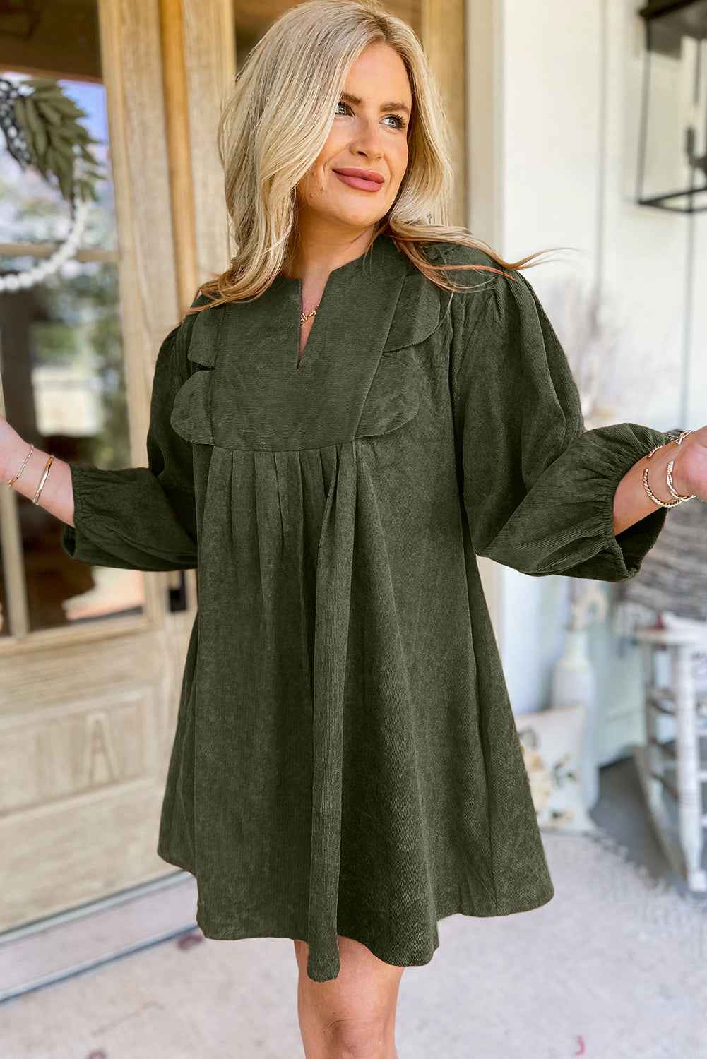 Moss Green Split Neck Scallop Detail Pleated Corduroy Mini Dress 42bb69387c791876